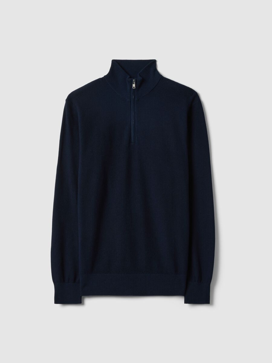 Pure cotton blue regular fit sweater with high neck and zip_0