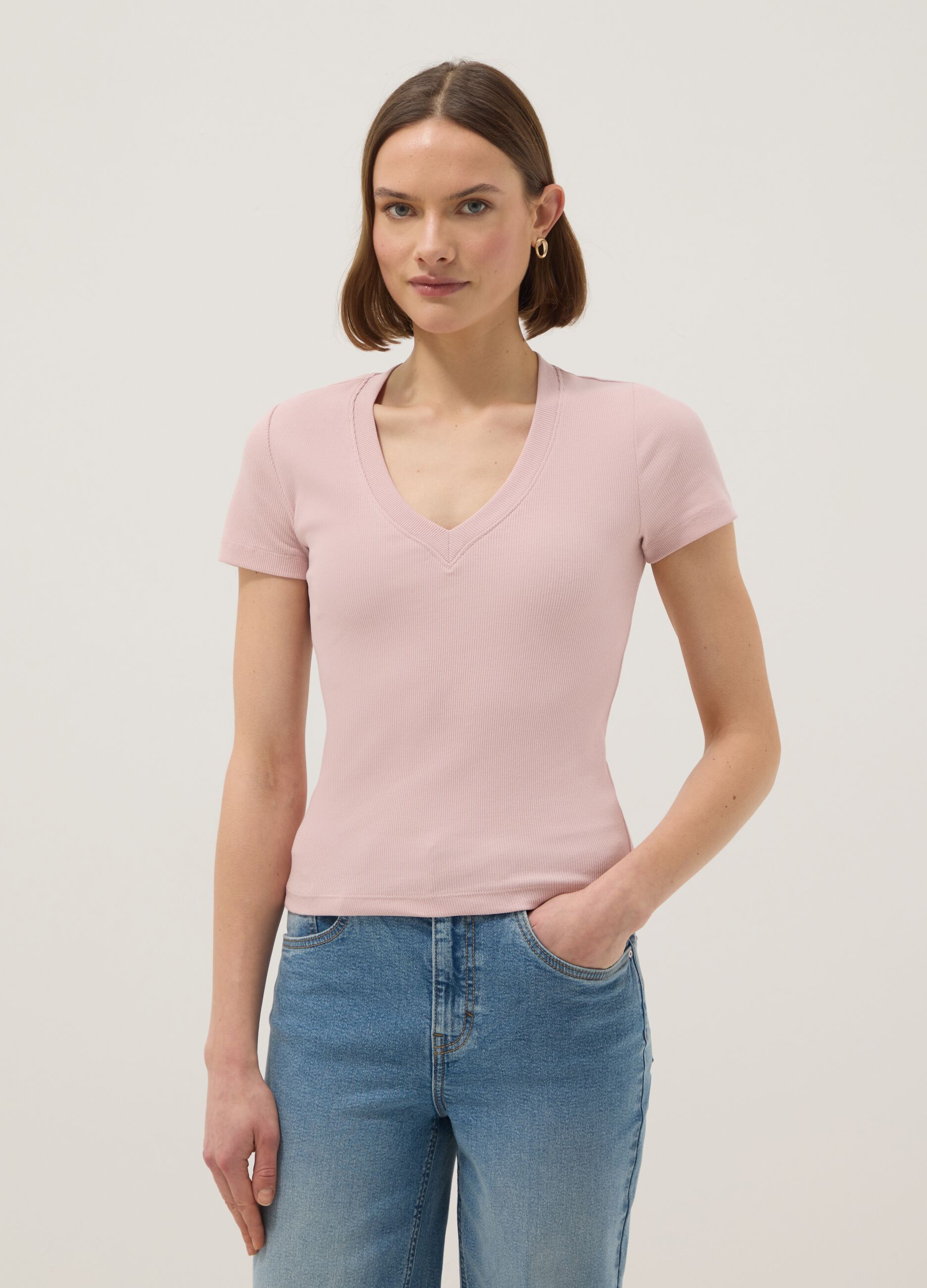 Pink regular fit deep V stretch cotton T-shirt