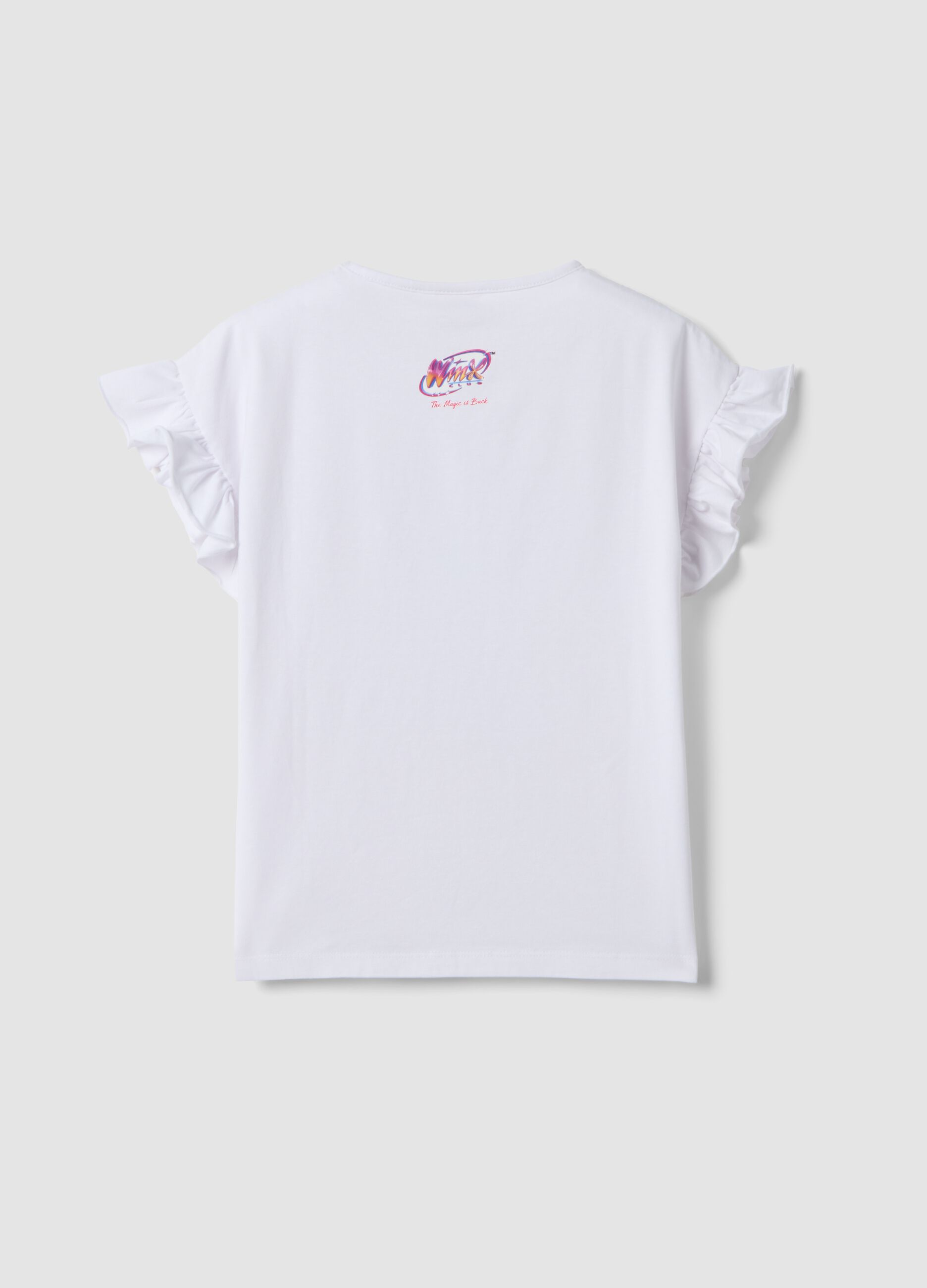 T-shirt bianca in cotone elasticizzato con maniche volant per bambina regular fit