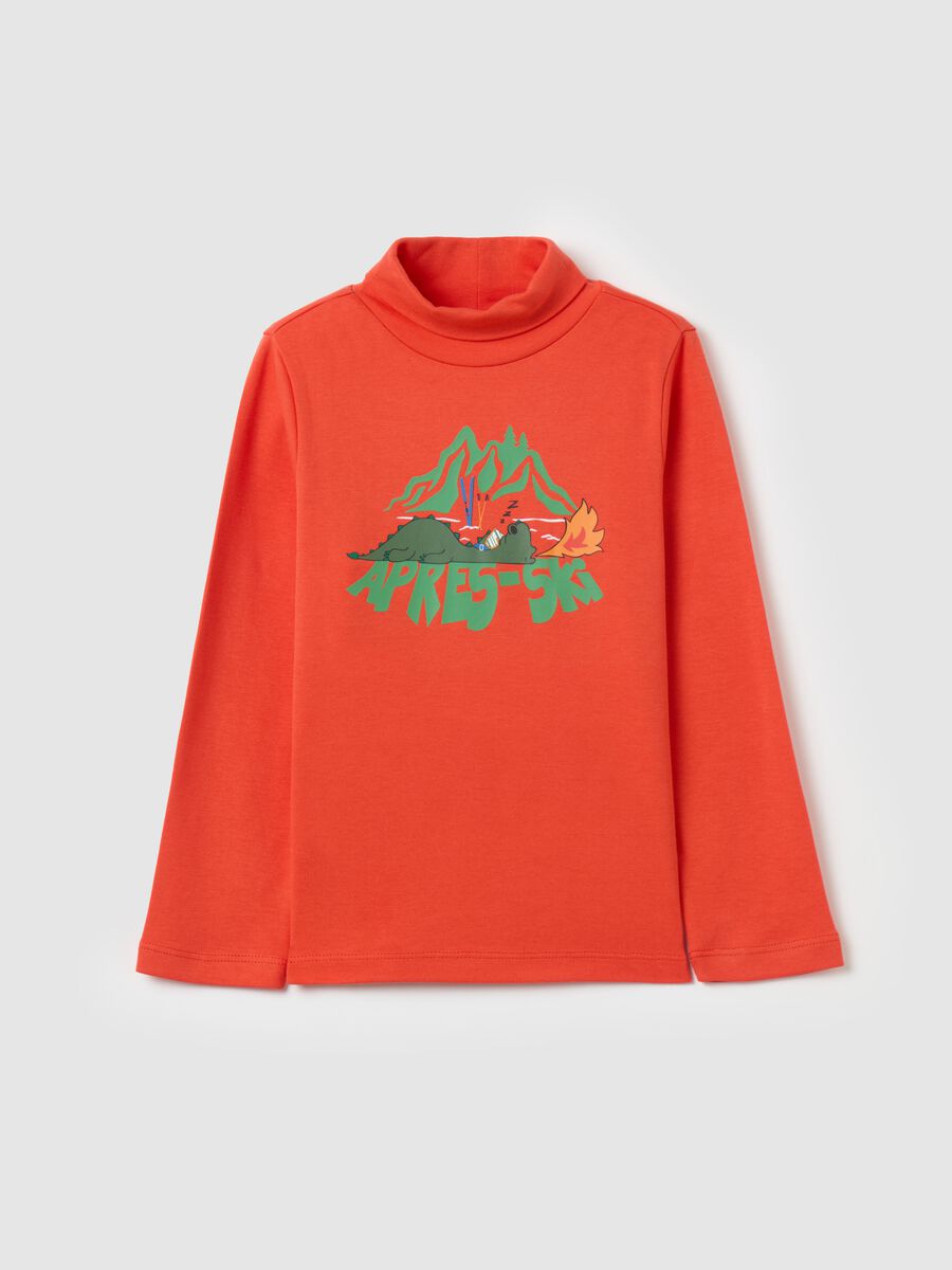 Cotton T-shirt with high neck and print_0