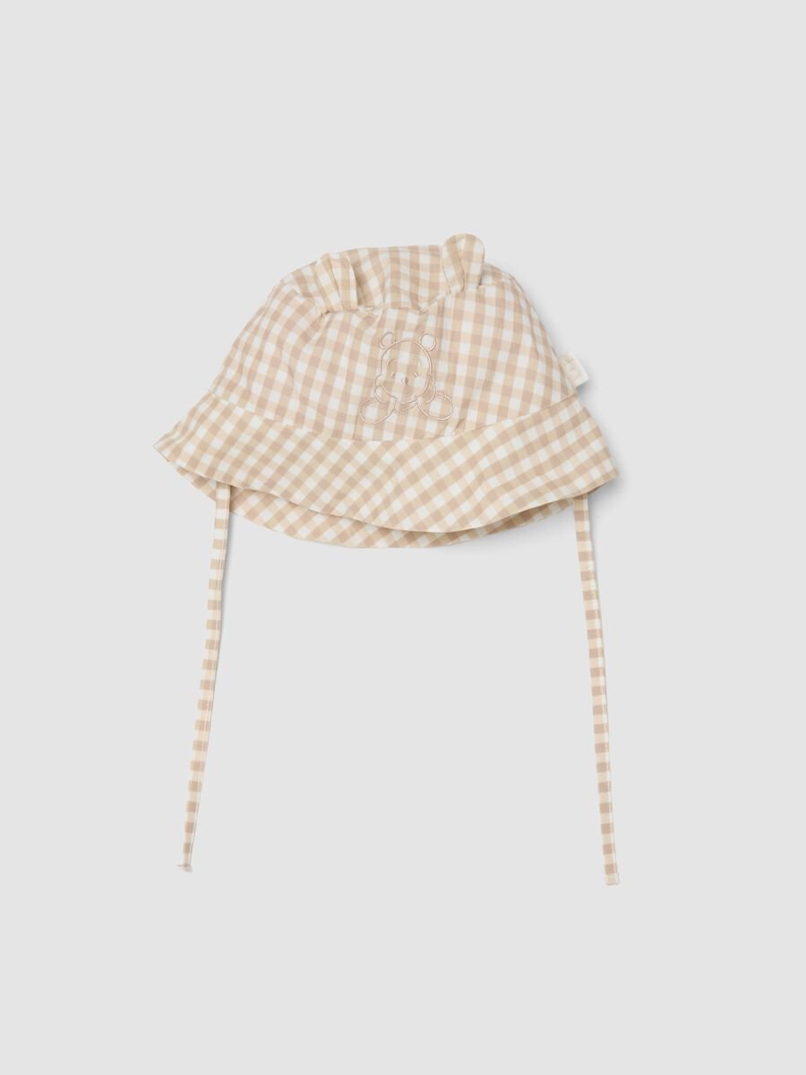 Cappello bucket in puro cotone a quadri con ricamo Winnie The Pooh per neonati_0