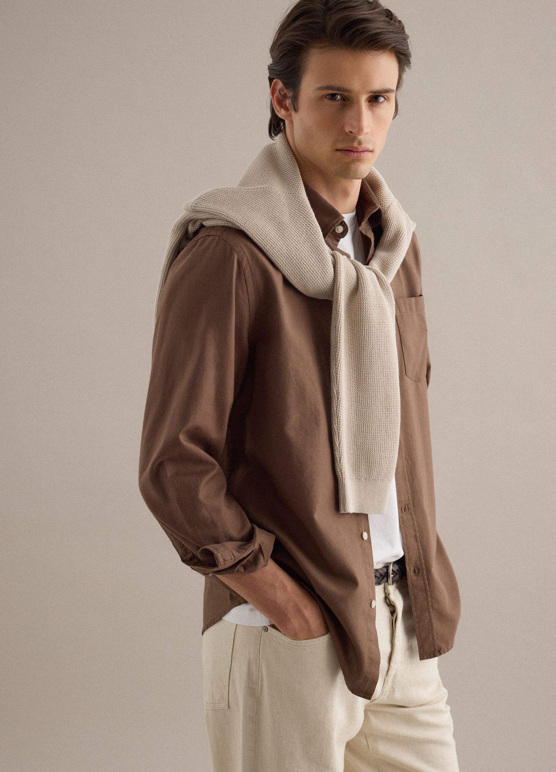 Brown shirt in pure cotton regular fit