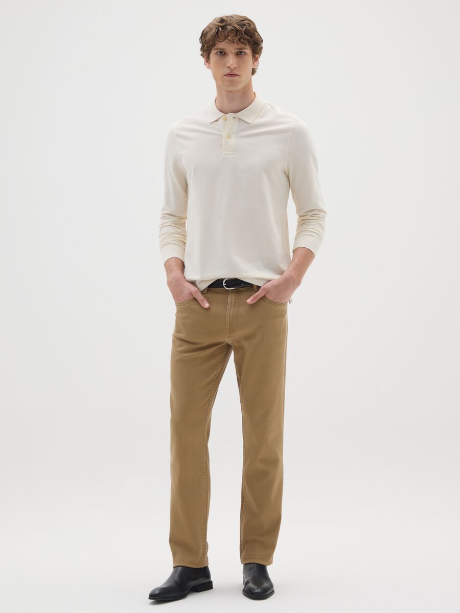 Beige slim fit stretch cotton trousers_0