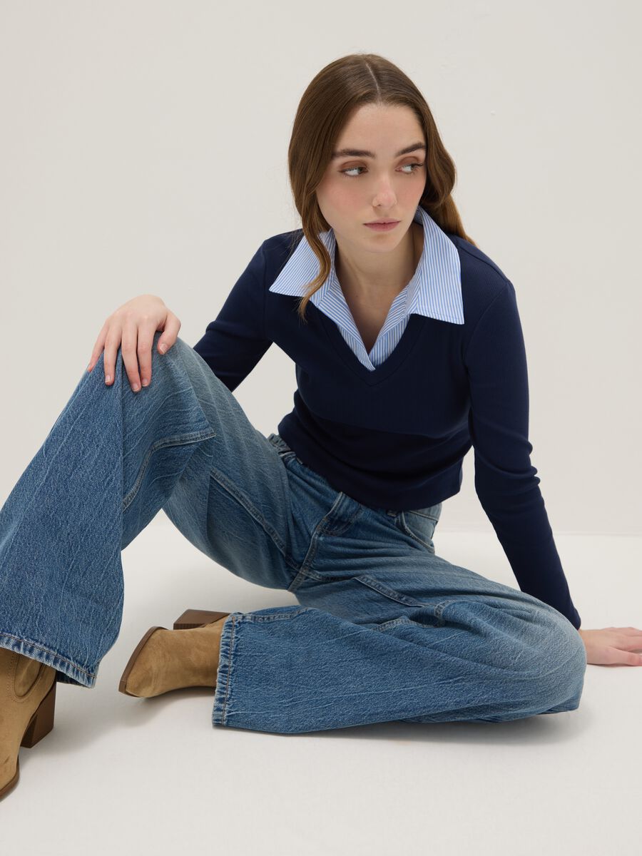 Blue stretch cotton regular fit T-shirt with contrast collar_3