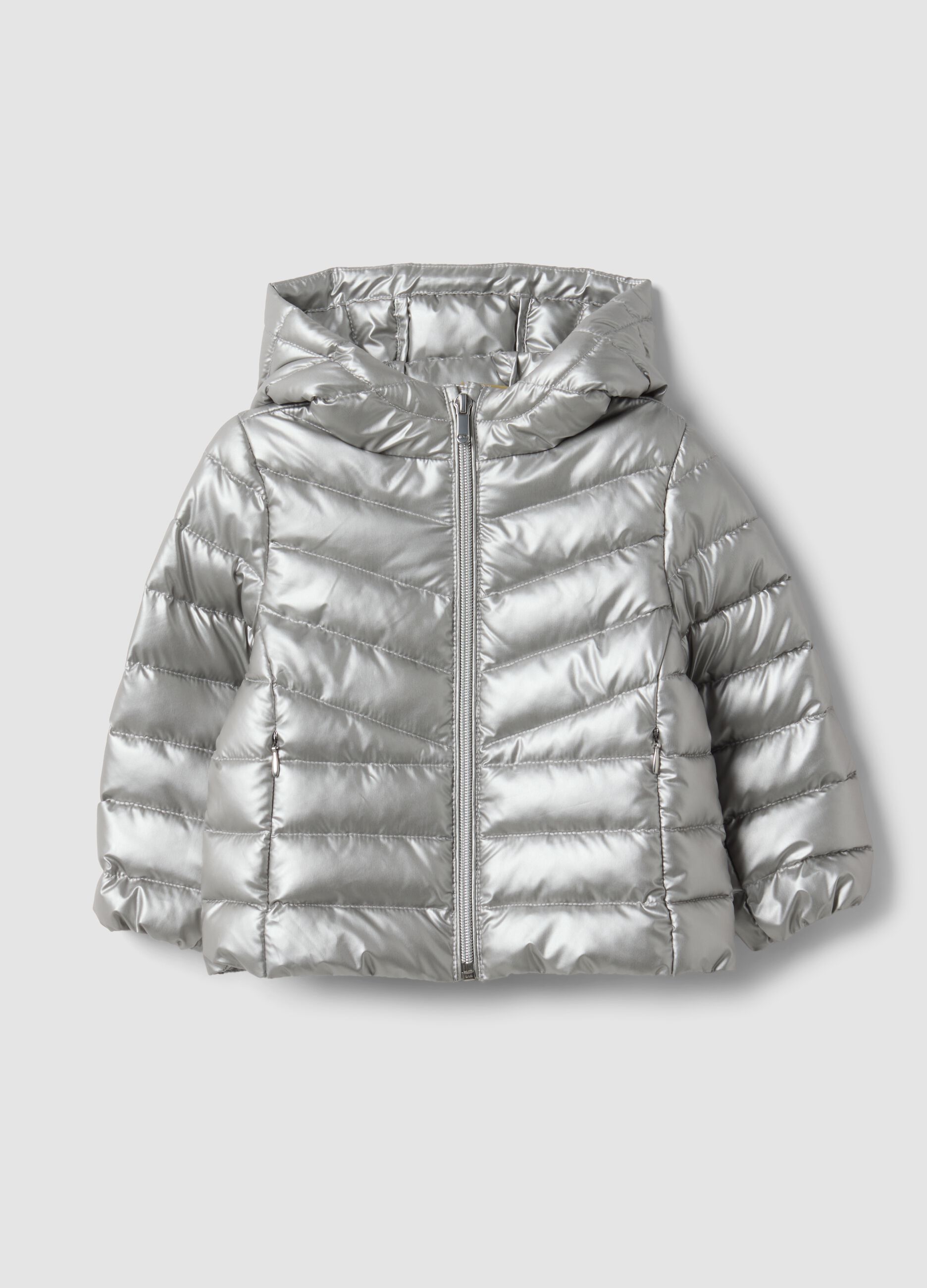 Grey ultralight hooded puffer jacket with zip for baby girl
