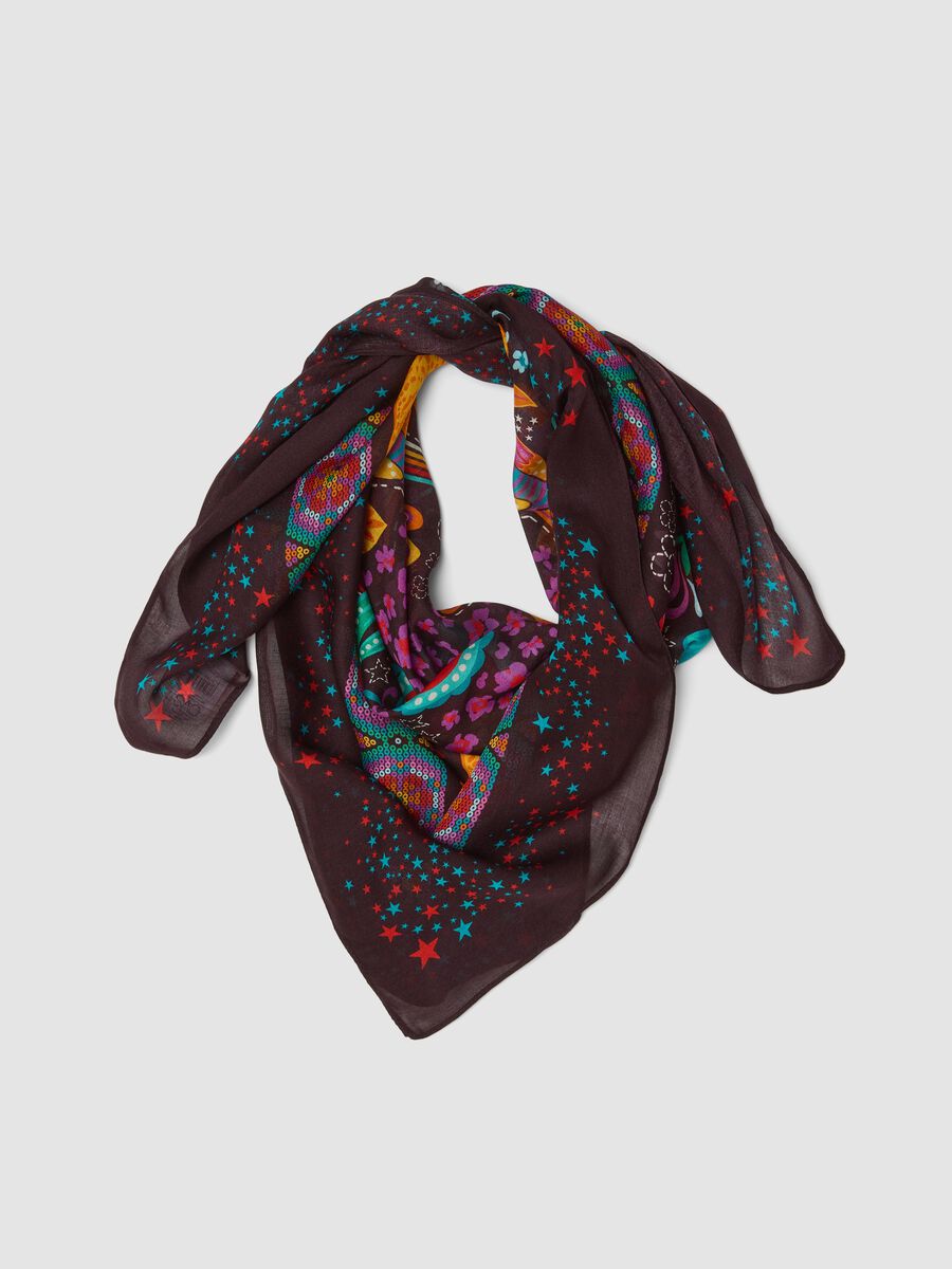 Brown pure viscose scarf with printed design_0