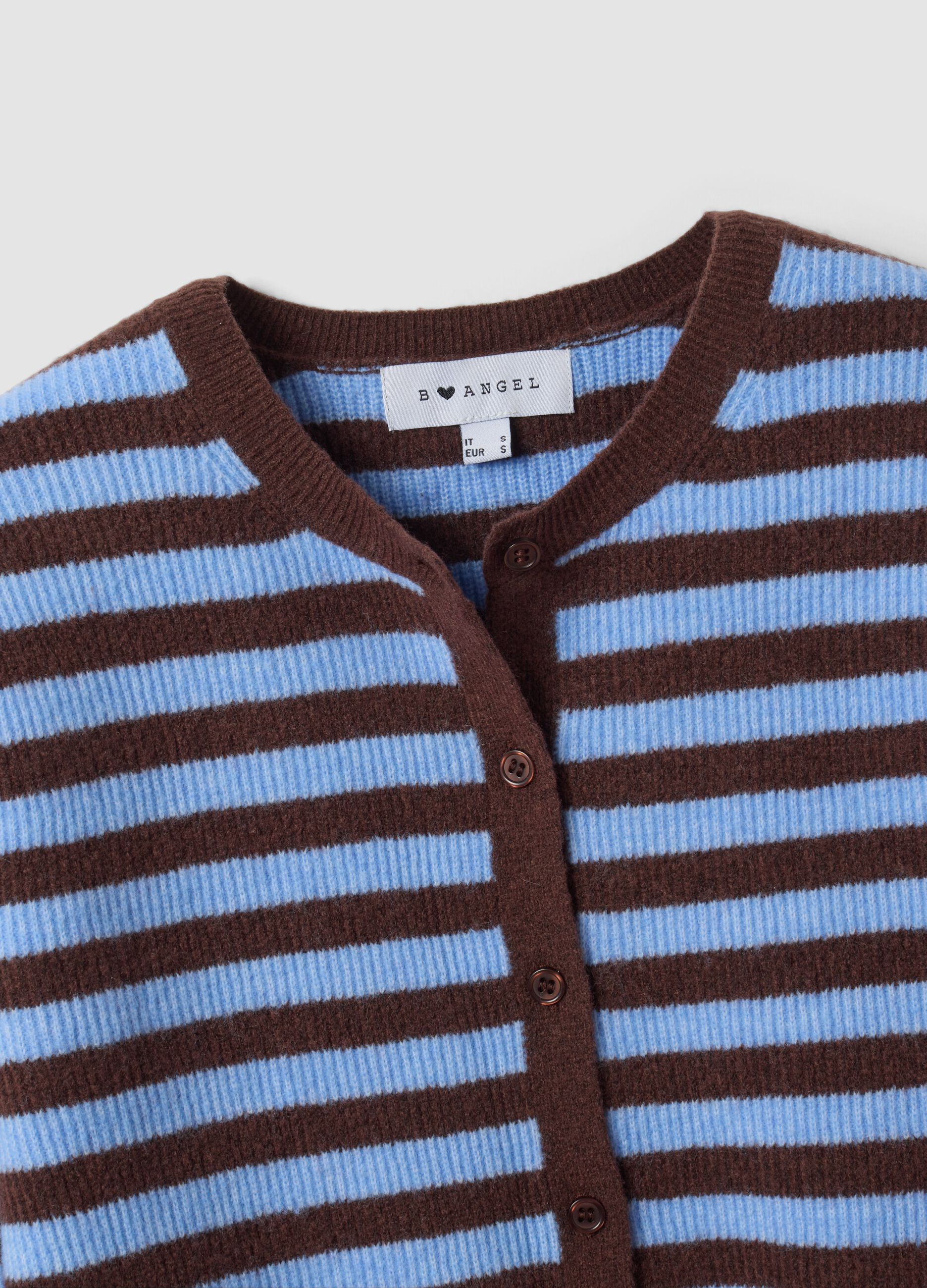 Cardigan azzurro girocollo in misto lyocell e lana a righe over fit