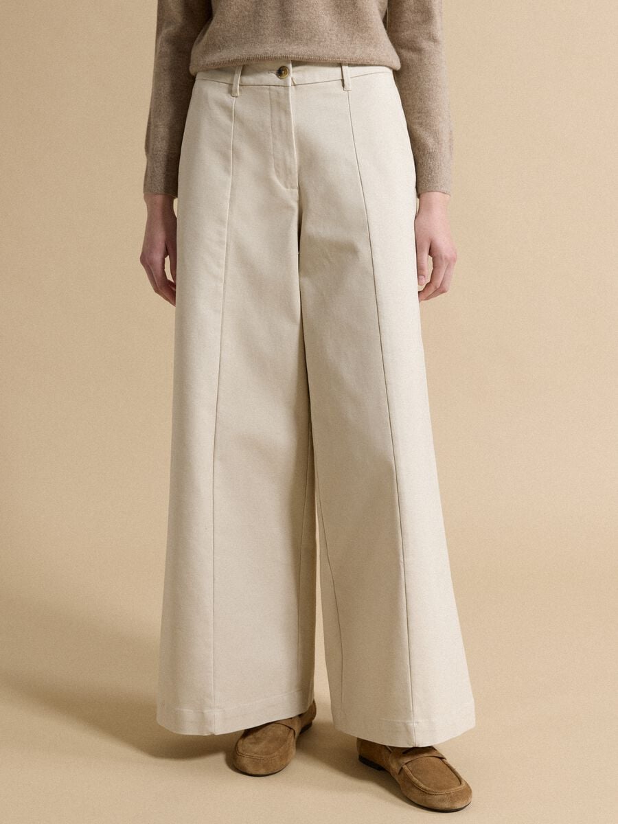 Beige flared stretch cotton trousers_1