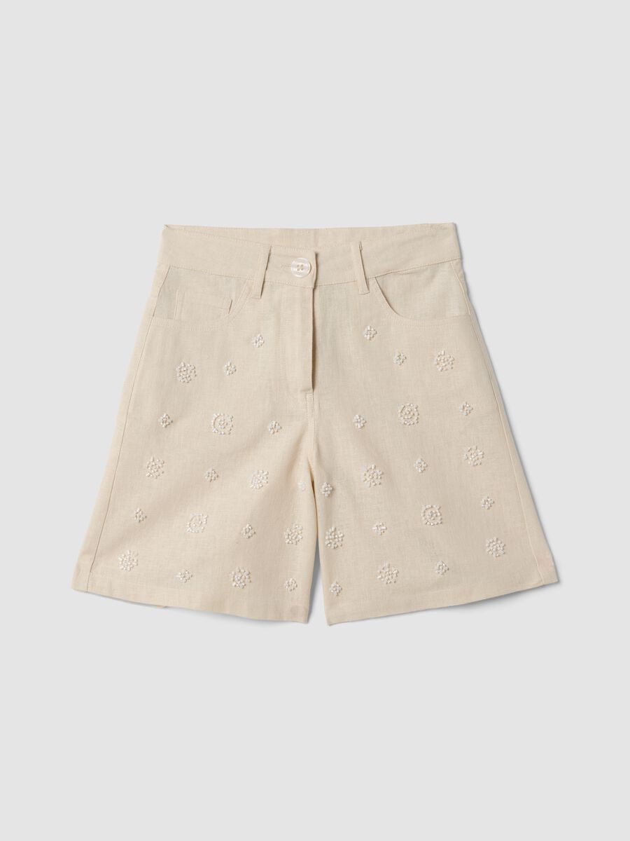 Shorts beige in misto cotone e lino con ricami_0