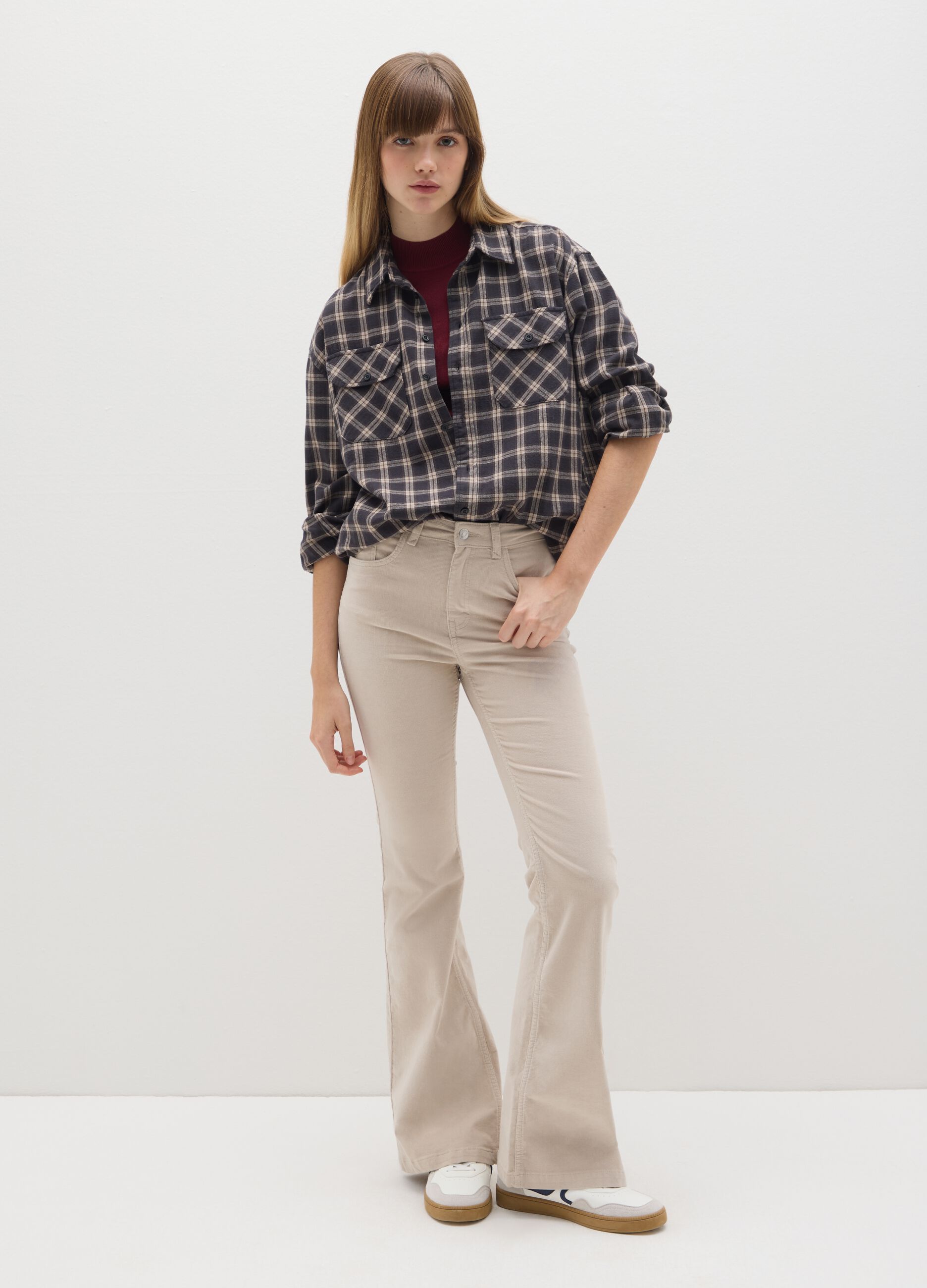 Flared Beige Stretch Trousers