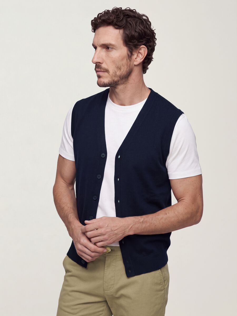 Blue viscose-blend waistcoat with deep V-neck, regular fit_0