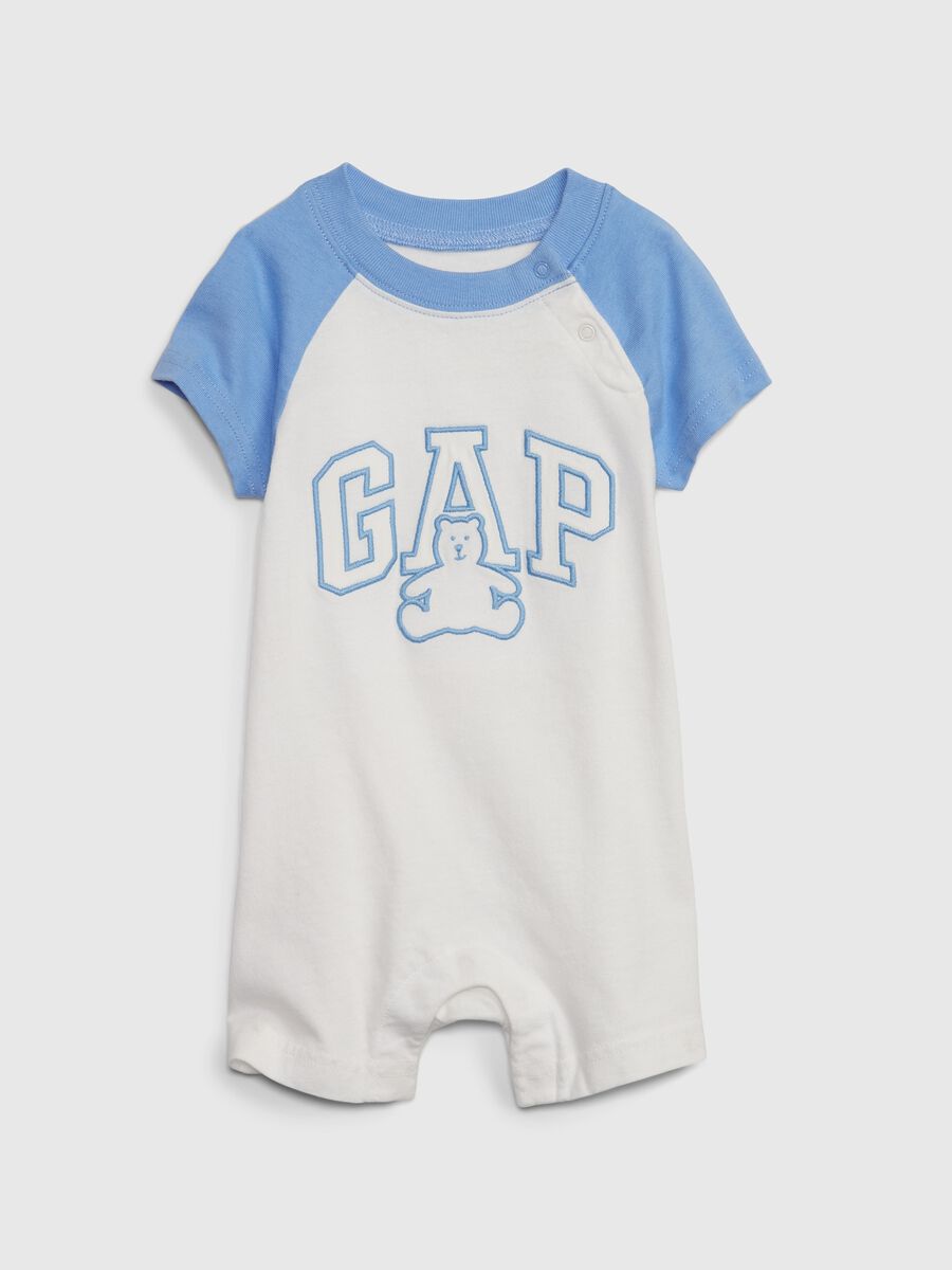 Cotton romper suit with logo and teddy bear print_0