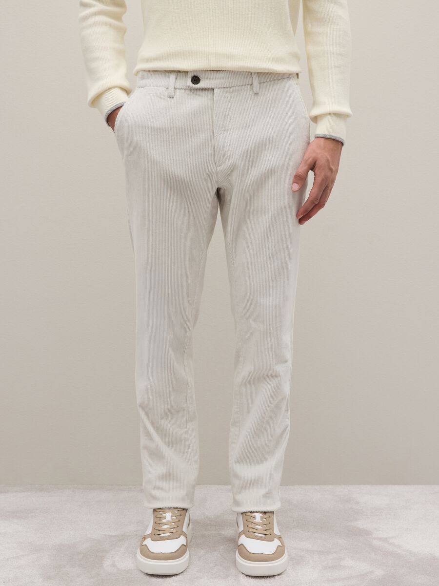 White stretch cotton blend trousers with fine ribbing_1