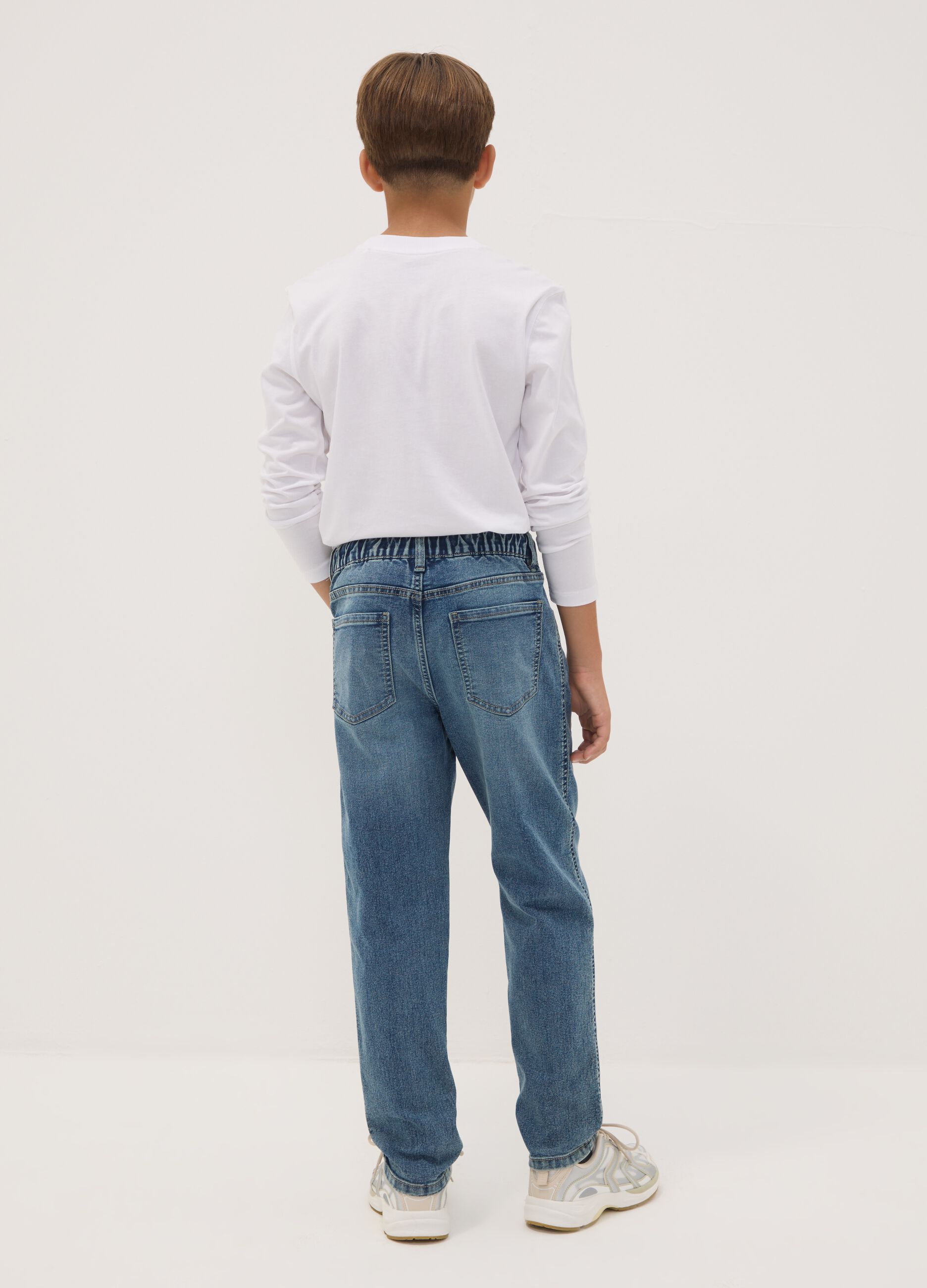 Blue stretch cotton jeans with elasticated waist for boys