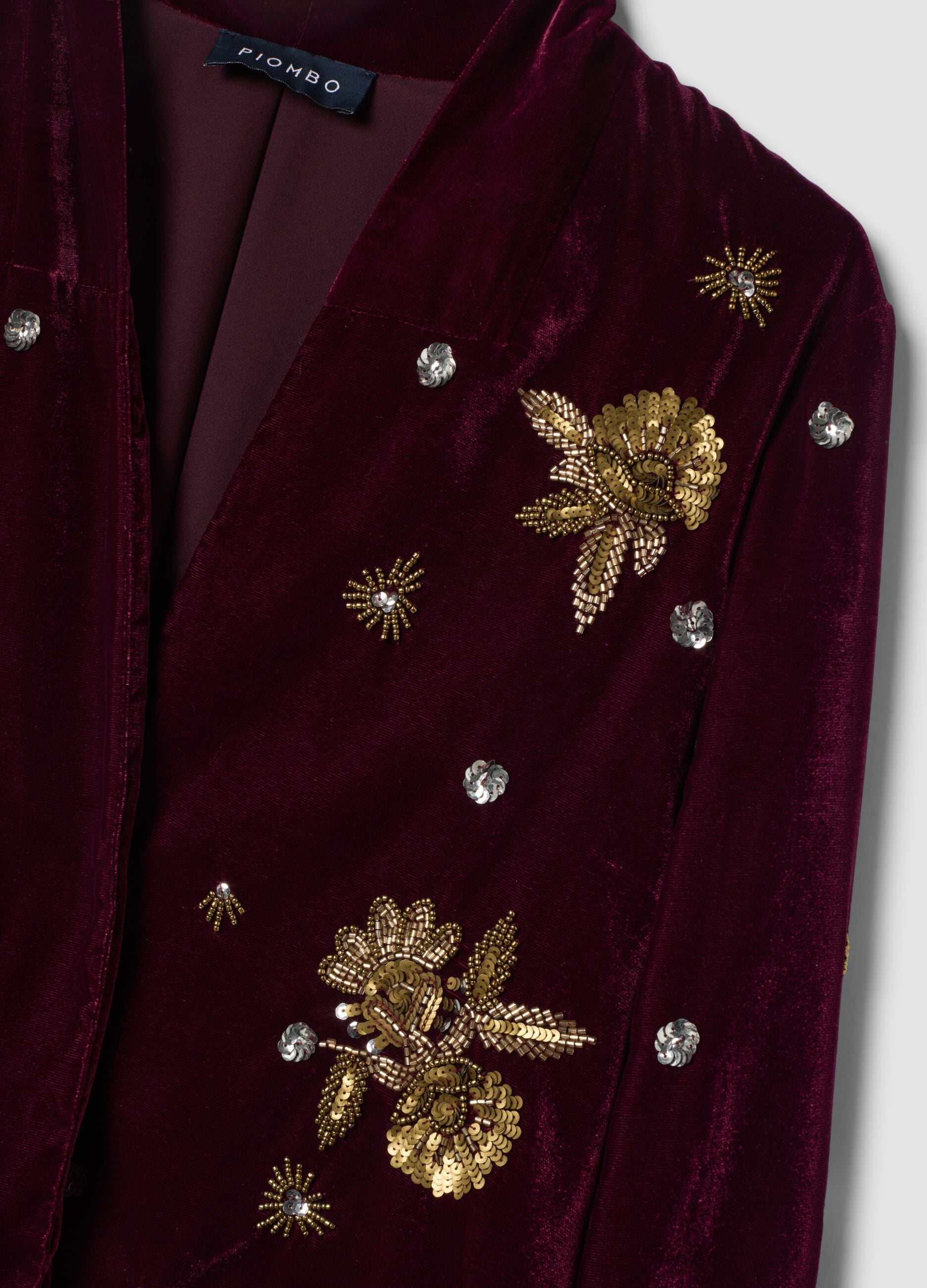 Red velvet regular-fit blazer with floral embroidery