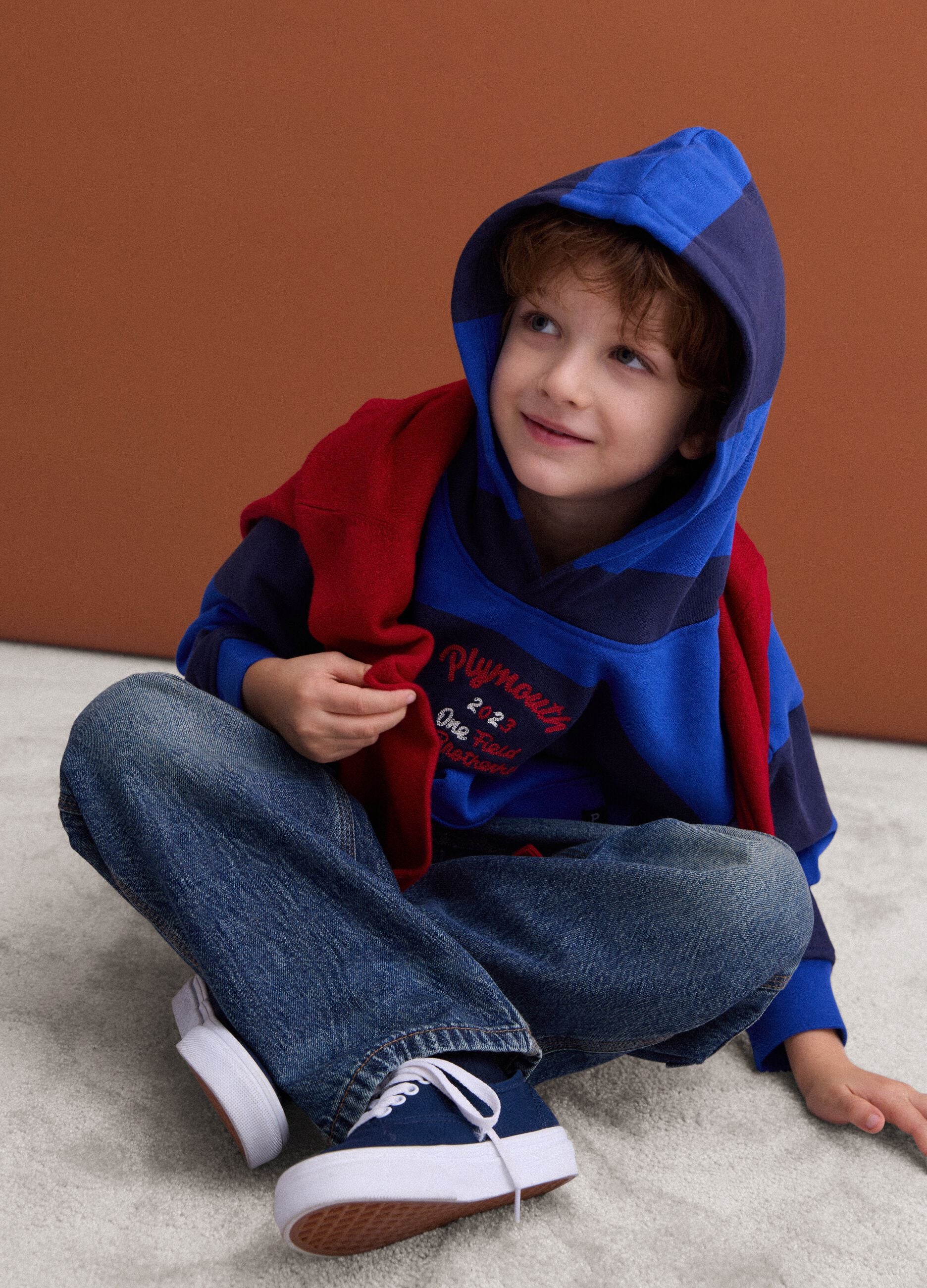 Felpa blu navy con cappuccio in puro cotone over fit a righe