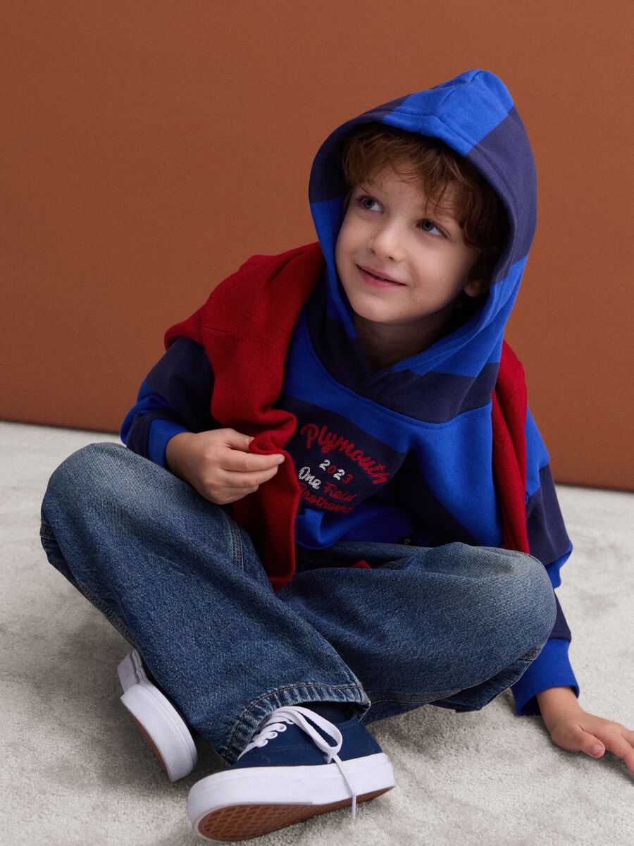 Felpa blu navy con cappuccio in puro cotone over fit a righe_1