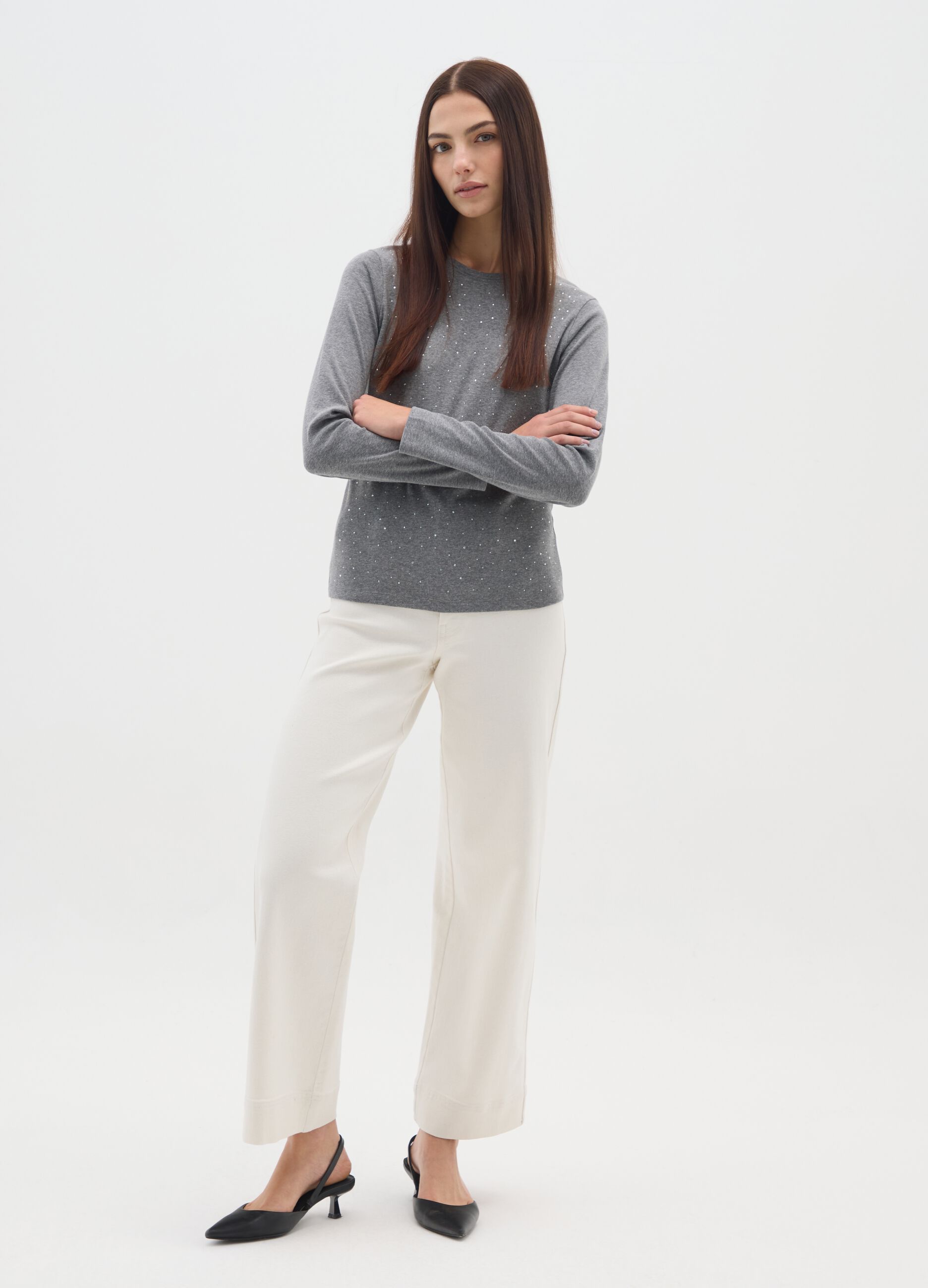 Grey long-sleeve regular fit pure cotton top with rhinestones