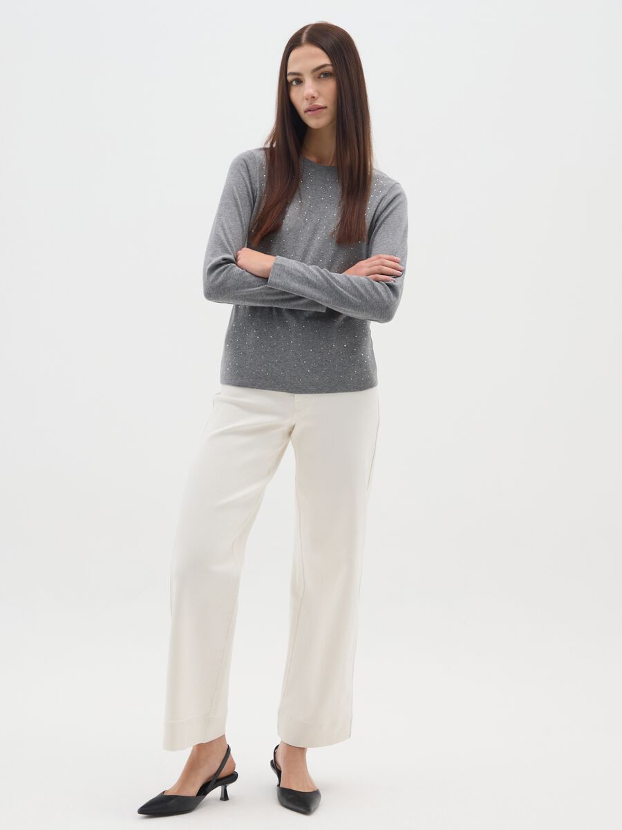 Grey long-sleeve regular fit pure cotton top with rhinestones_1