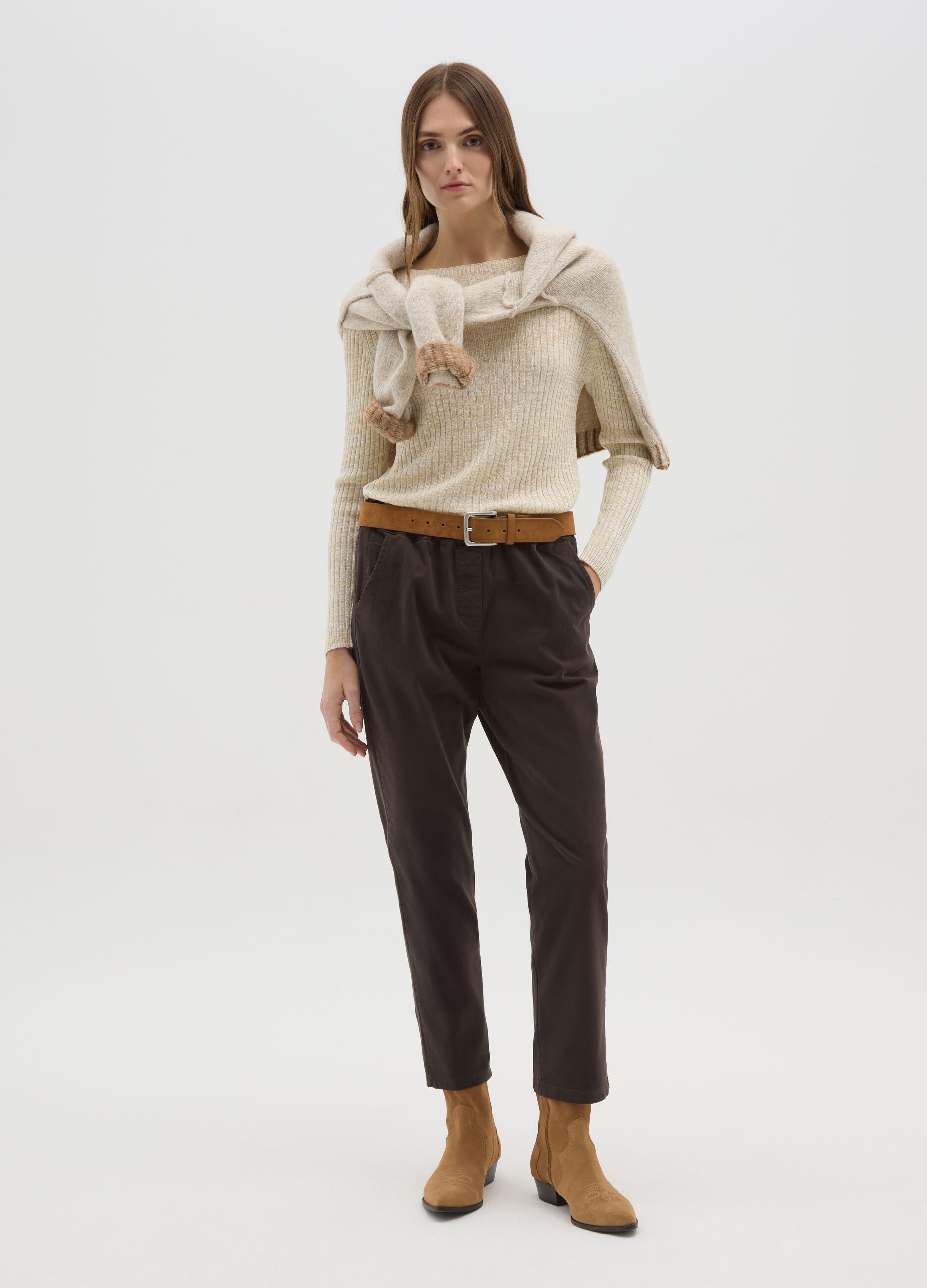 Brown trousers with elasticated waist and drawstring