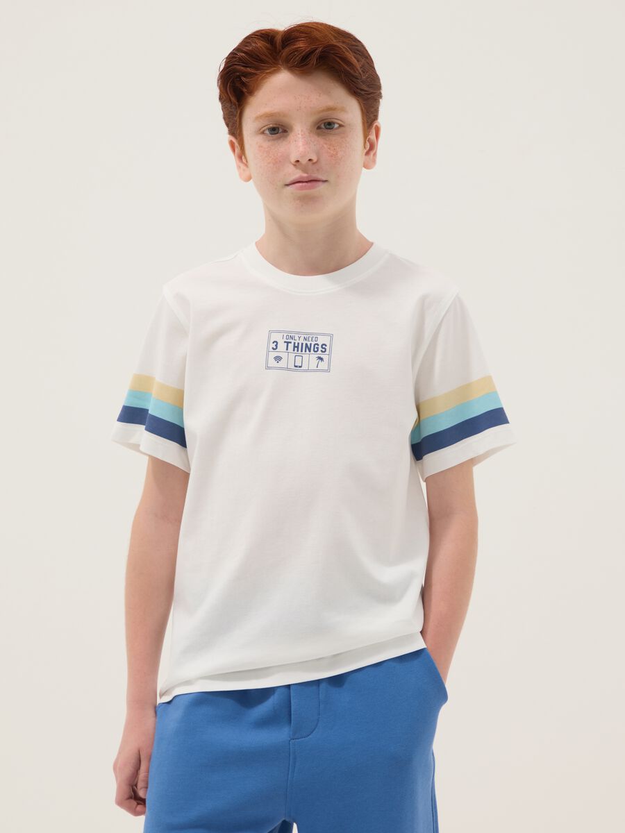 Boys&rsquo; white pure cotton T-shirt with striped sleeves_0