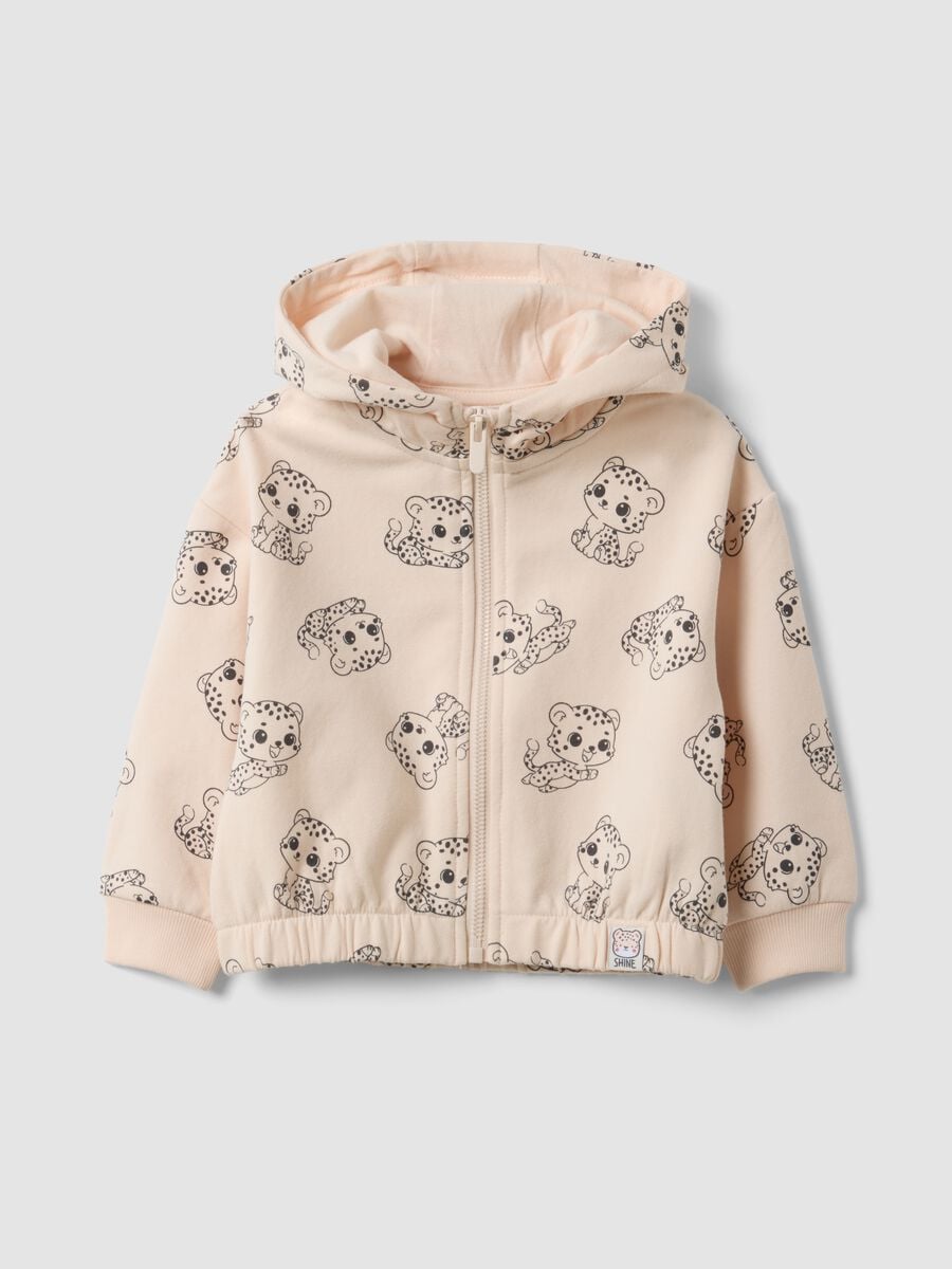 Felpa rosa con cappuccio in cotone elasticizzato con zip e stampa all over per bimba_0