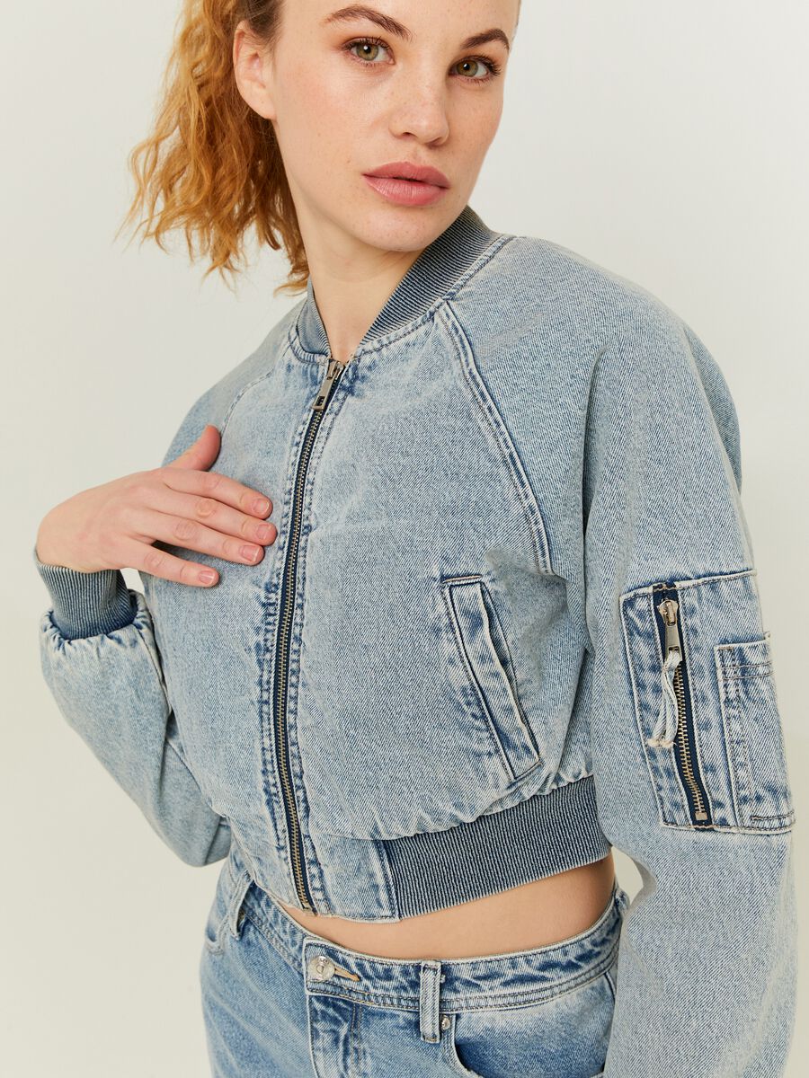Cropped bomber jacket in acid wash denim_0