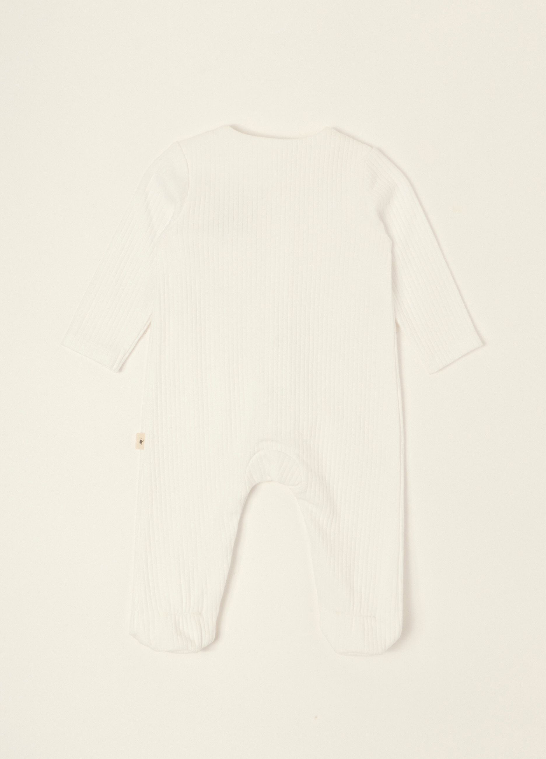 White ribbed pure cotton baby sleepsuit with teddy bear embroidery