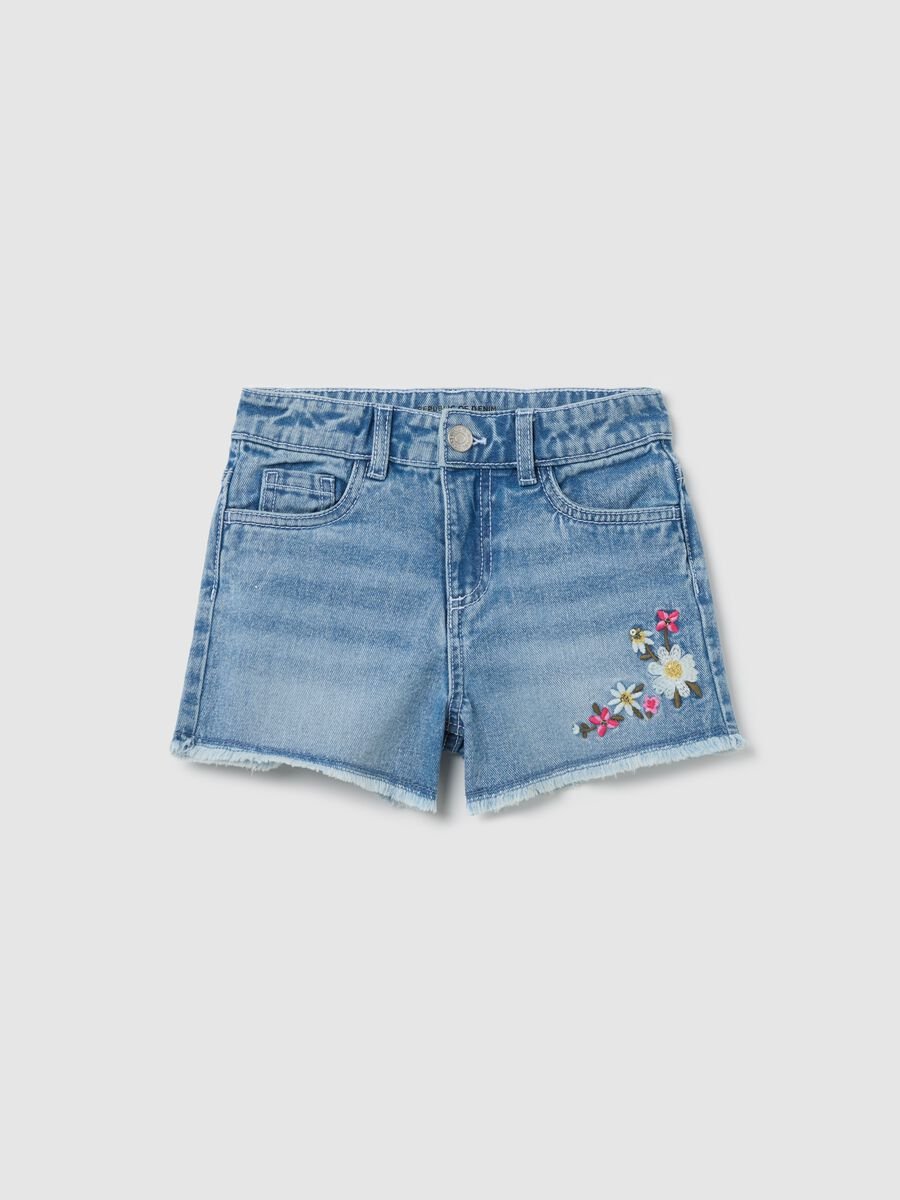 Girls' denim shorts with floral embroidery_0