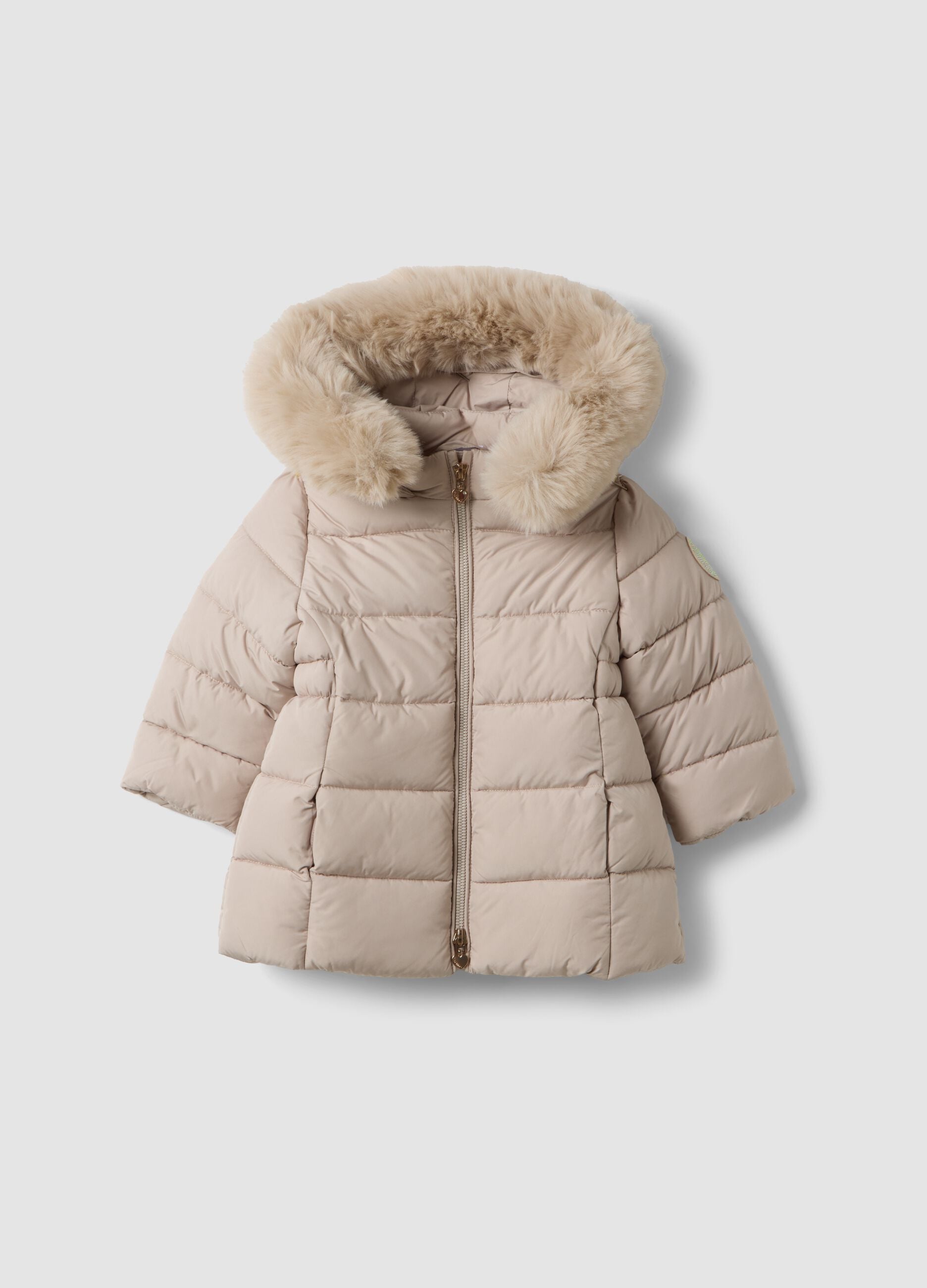 Taupe padded hooded jacket with contrast trim