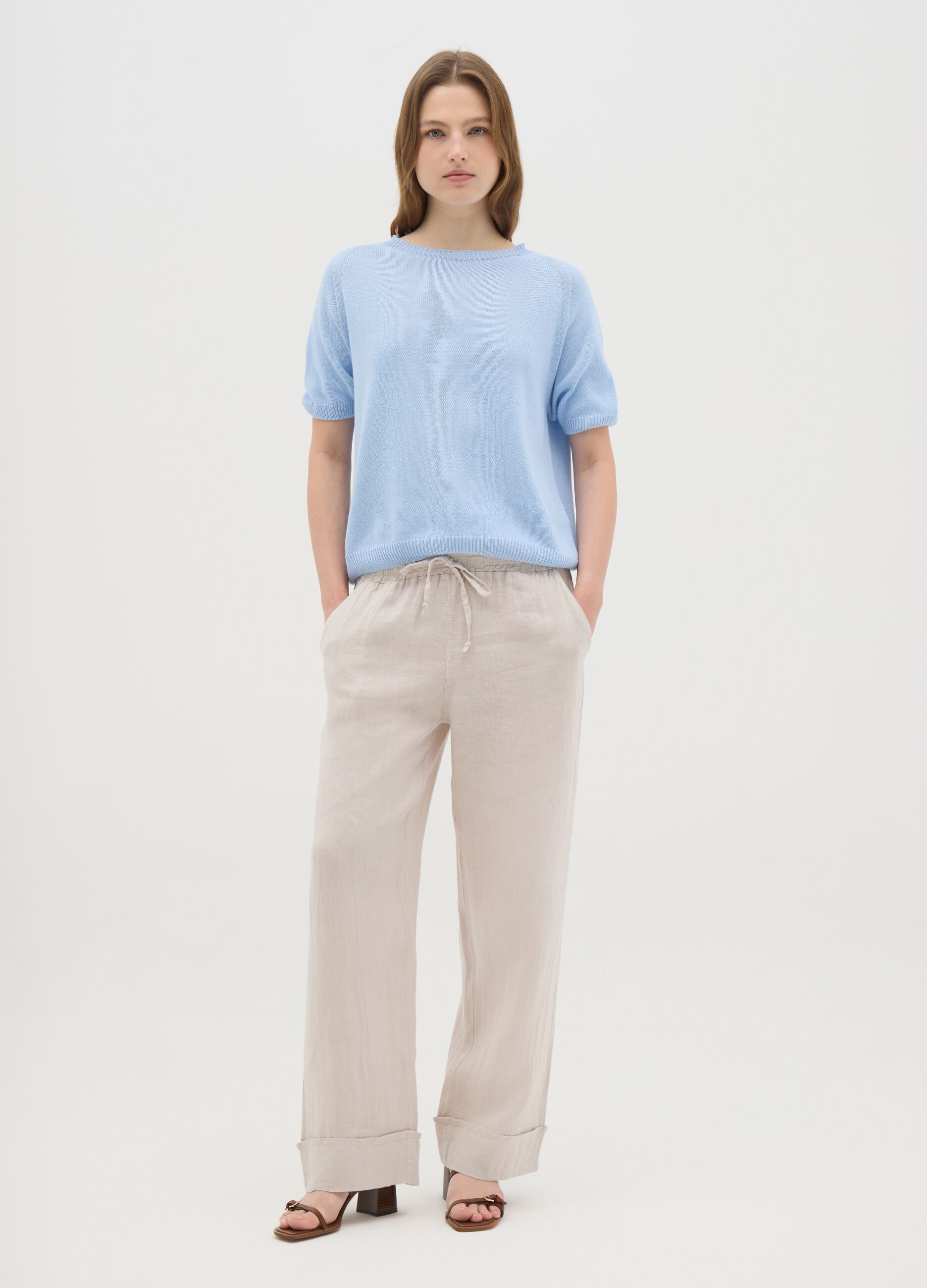 Women's beige pure linen trousers with regular fit