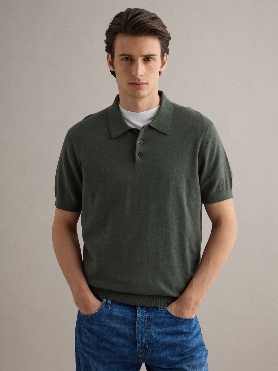 Regular fit green cotton, linen and silk blend polo_3