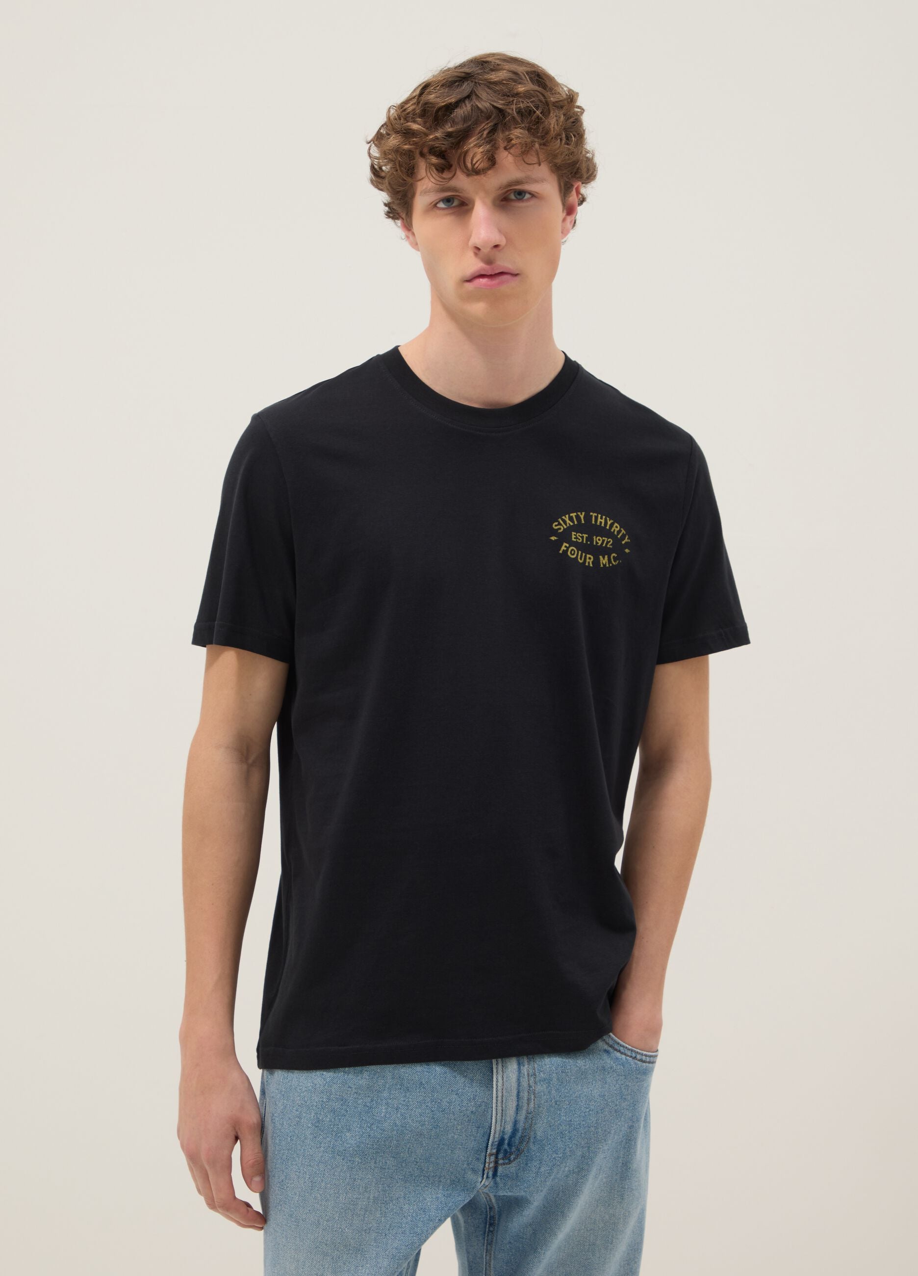 Black printed T-shirt in pure cotton, regular fit