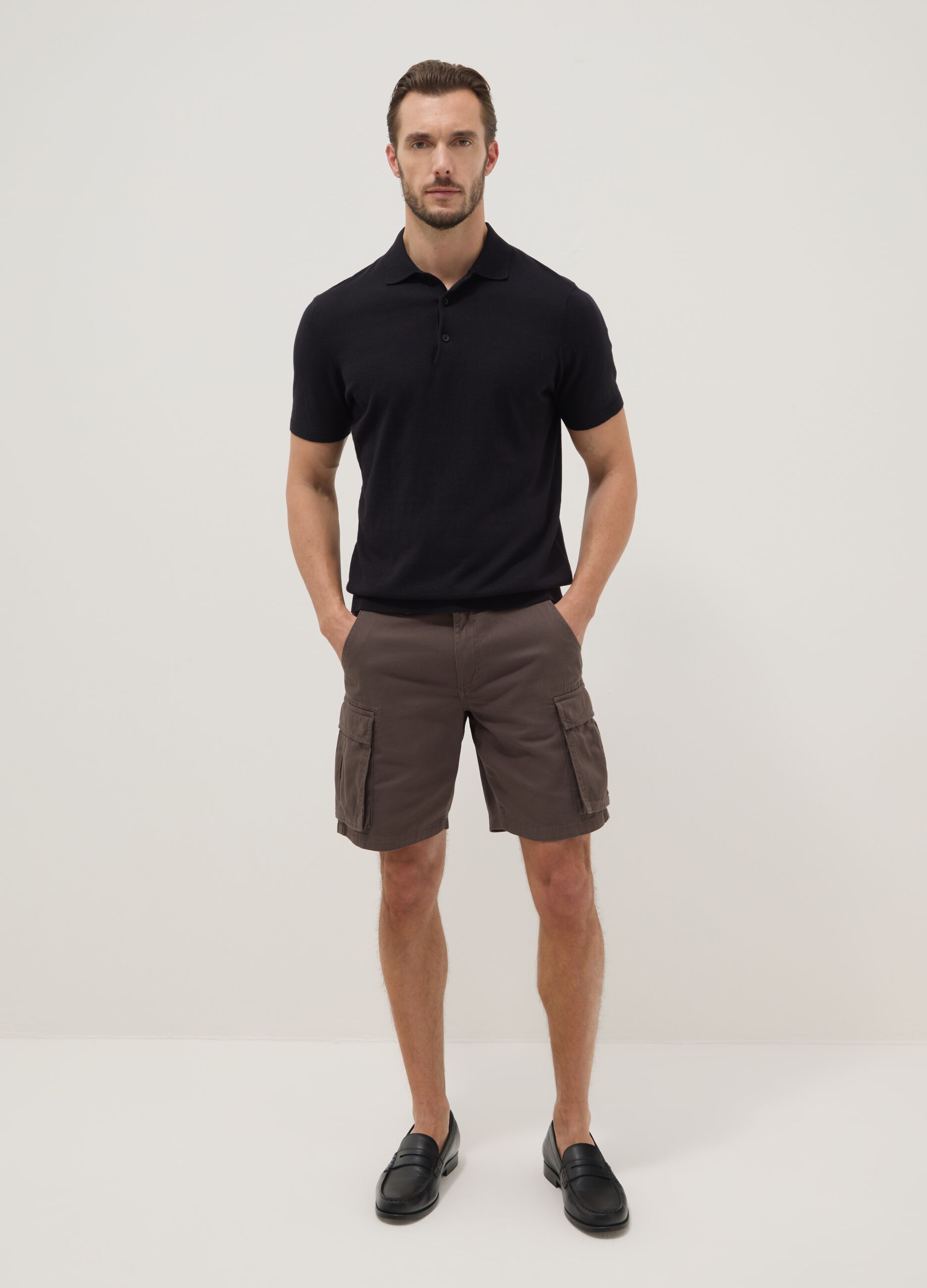 Brown pure cotton regular-fit cargo Bermuda shorts