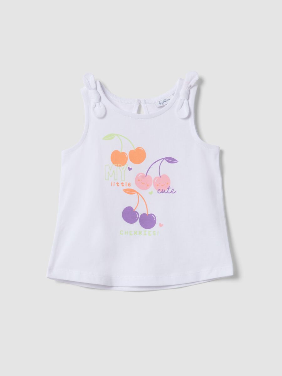 Canotta in puro cotone bianca da bimba regular fit con ciliegie_0