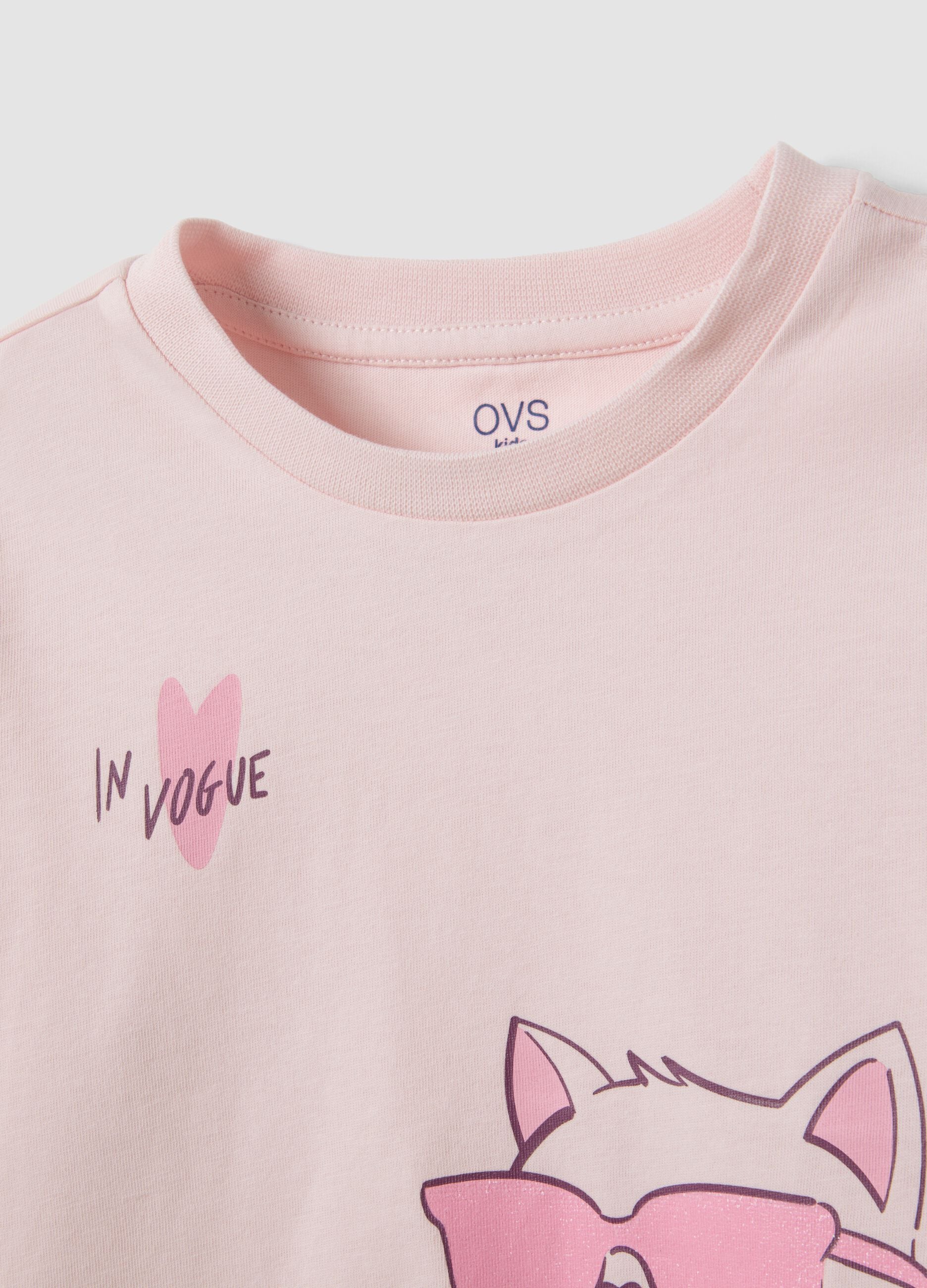Pink organic cotton T-shirt with kitten print for girls