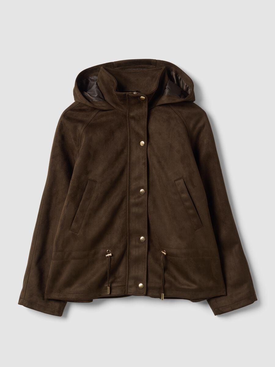 Brown parka with hood, zip and press-stud fastening_4
