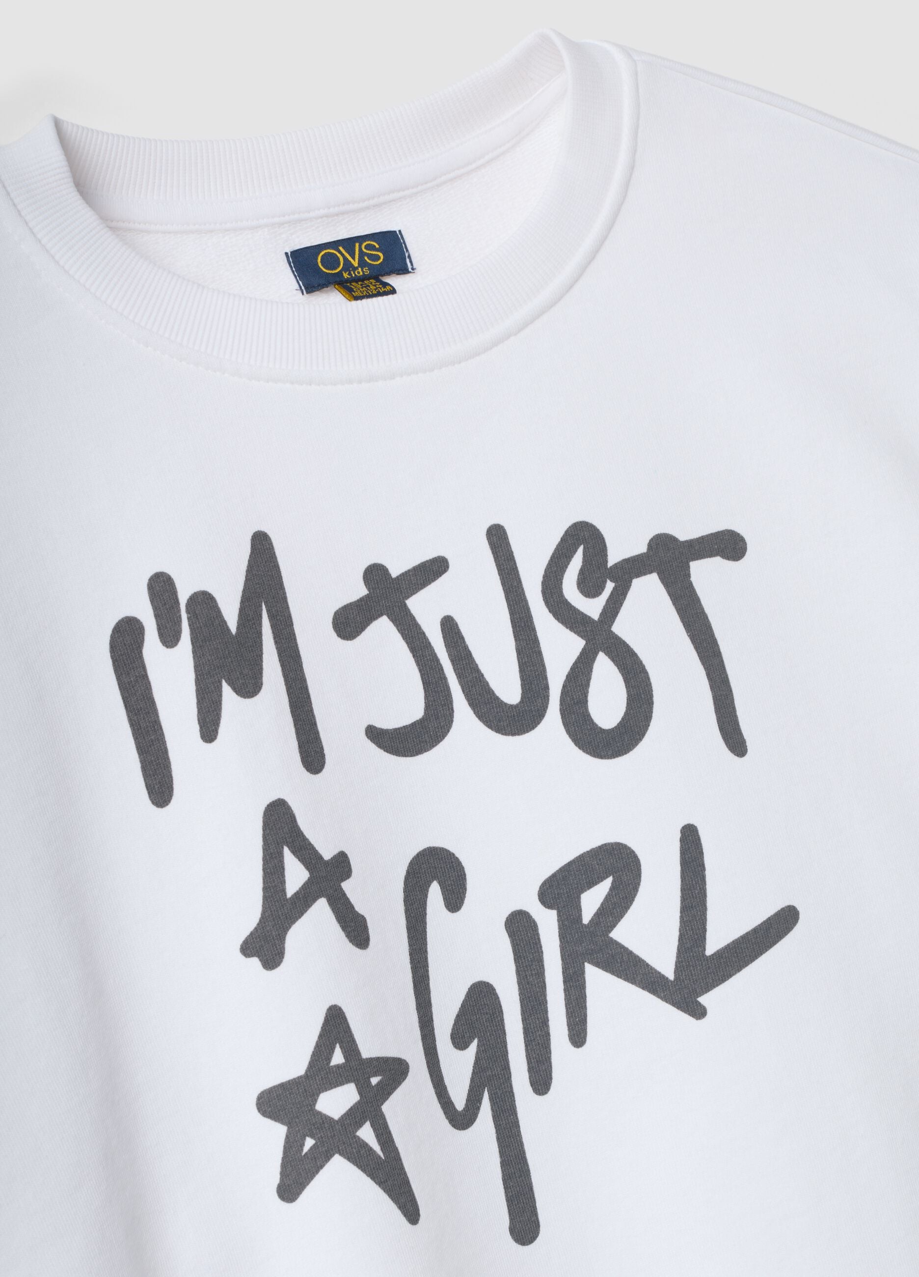 White pure cotton sweatshirt with front slogan, relaxed fit for girls