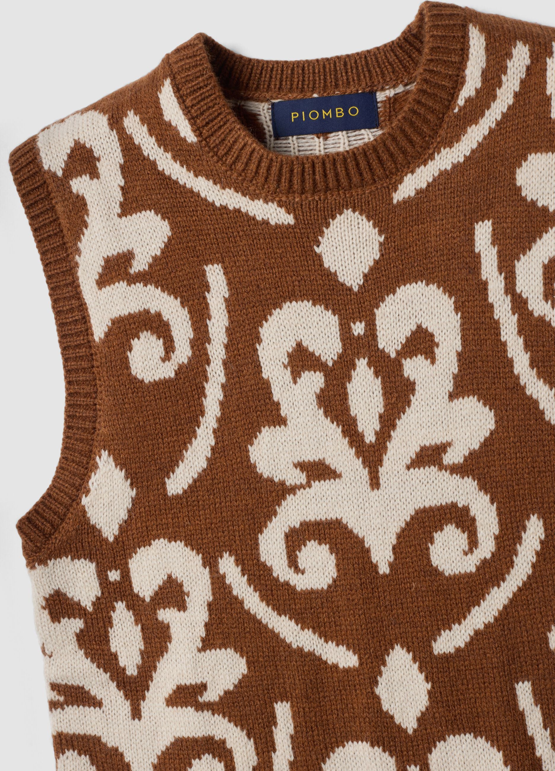 Gilet marrone e bianco in misto lana con girocollo
