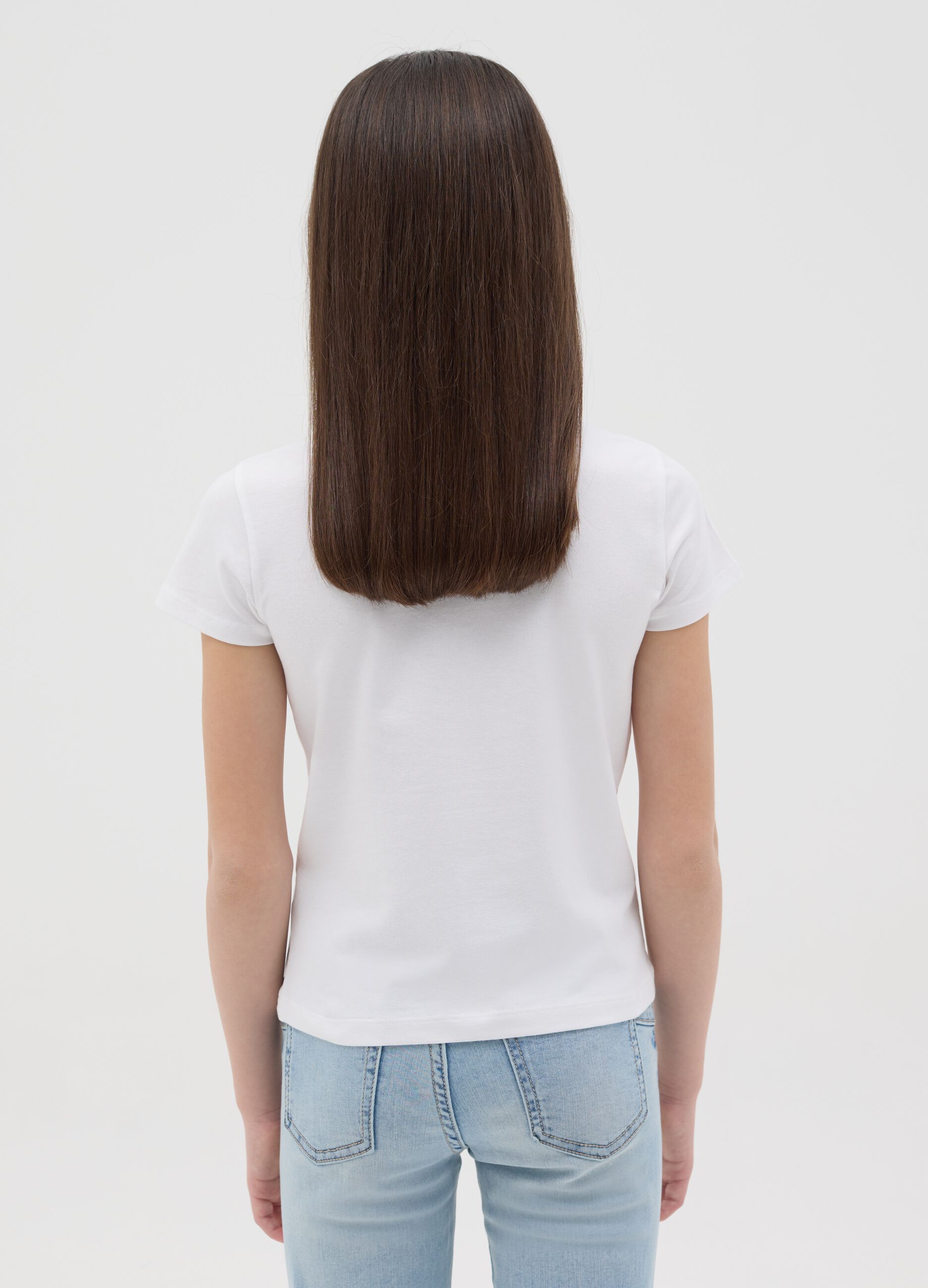 White stretch cotton T-shirt with print