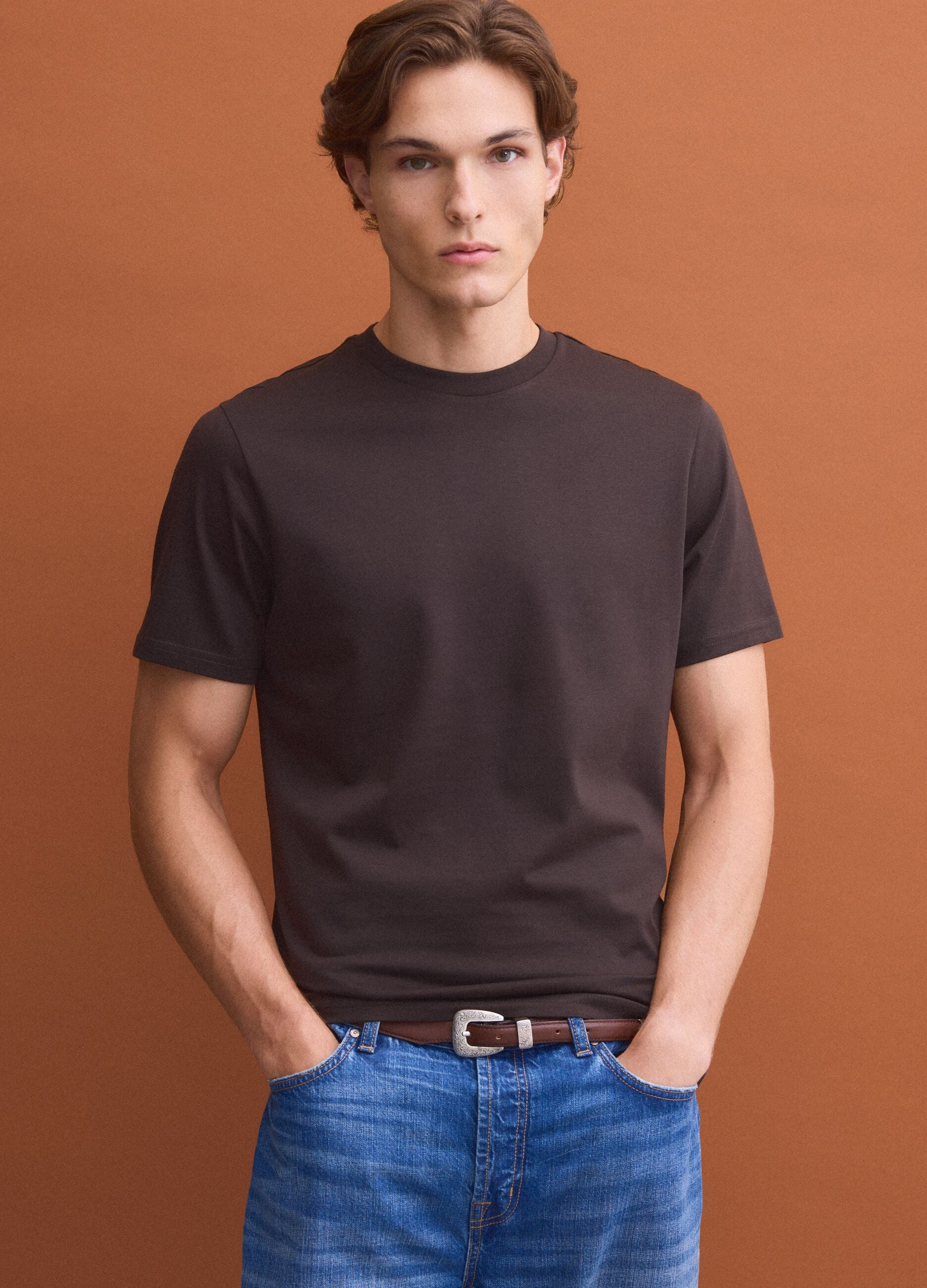 Brown crew-neck T-shirt in pure Supima cotton, regular fit