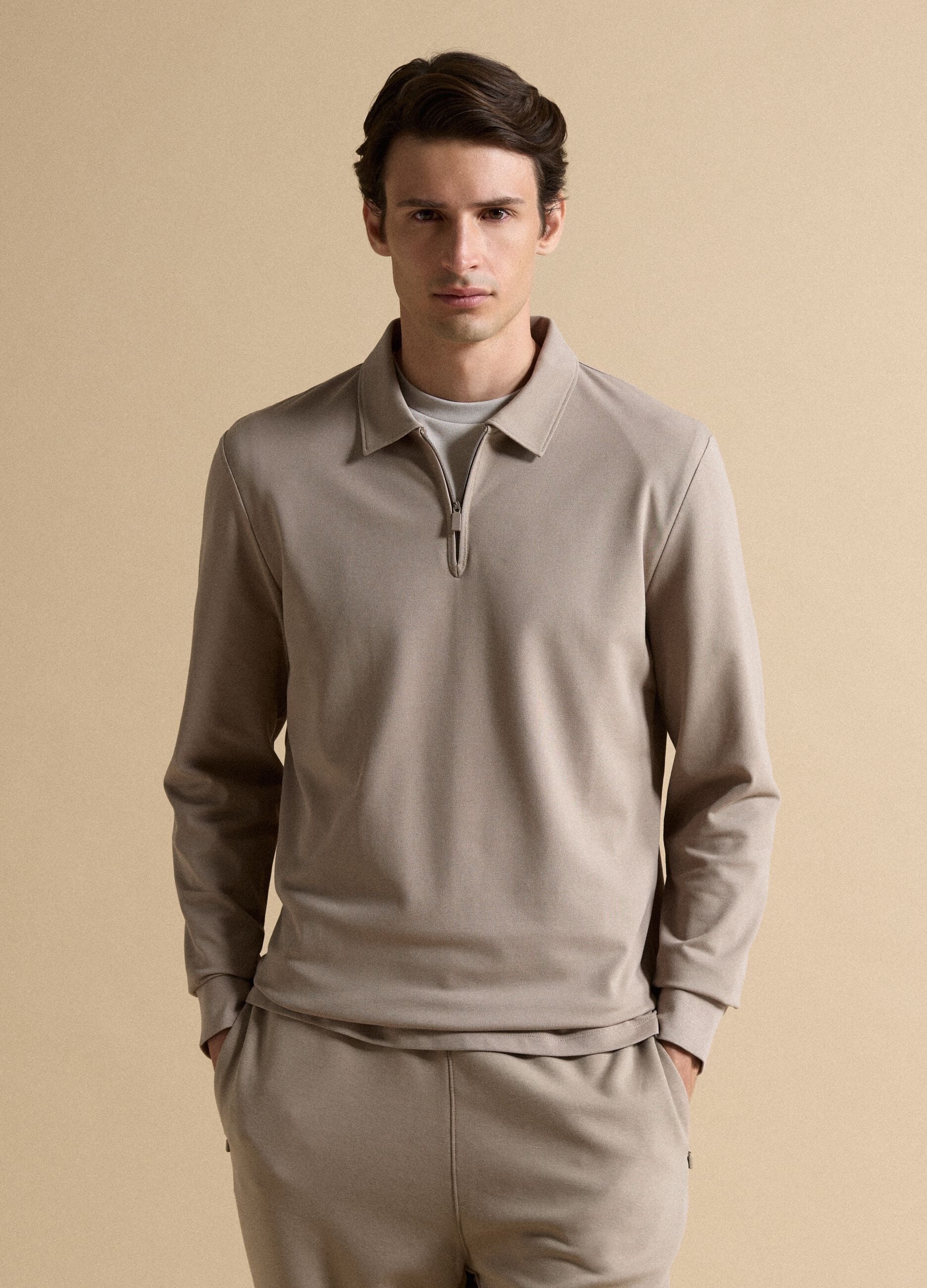 Grey stretch cotton-blend piqu&eacute; polo shirt, Easy Dry, regular fit