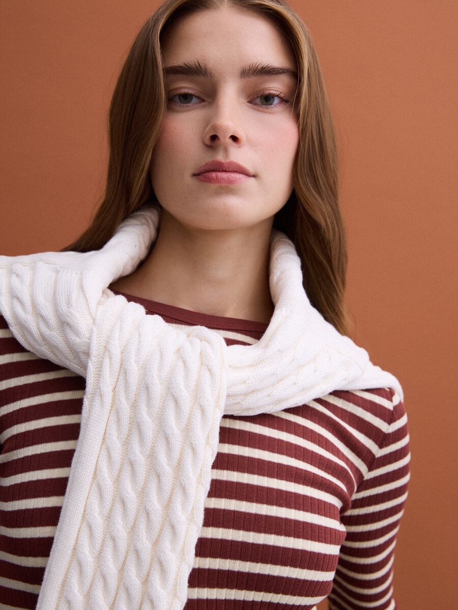 Brown striped pure cotton ribbed regular-fit T-shirt_1