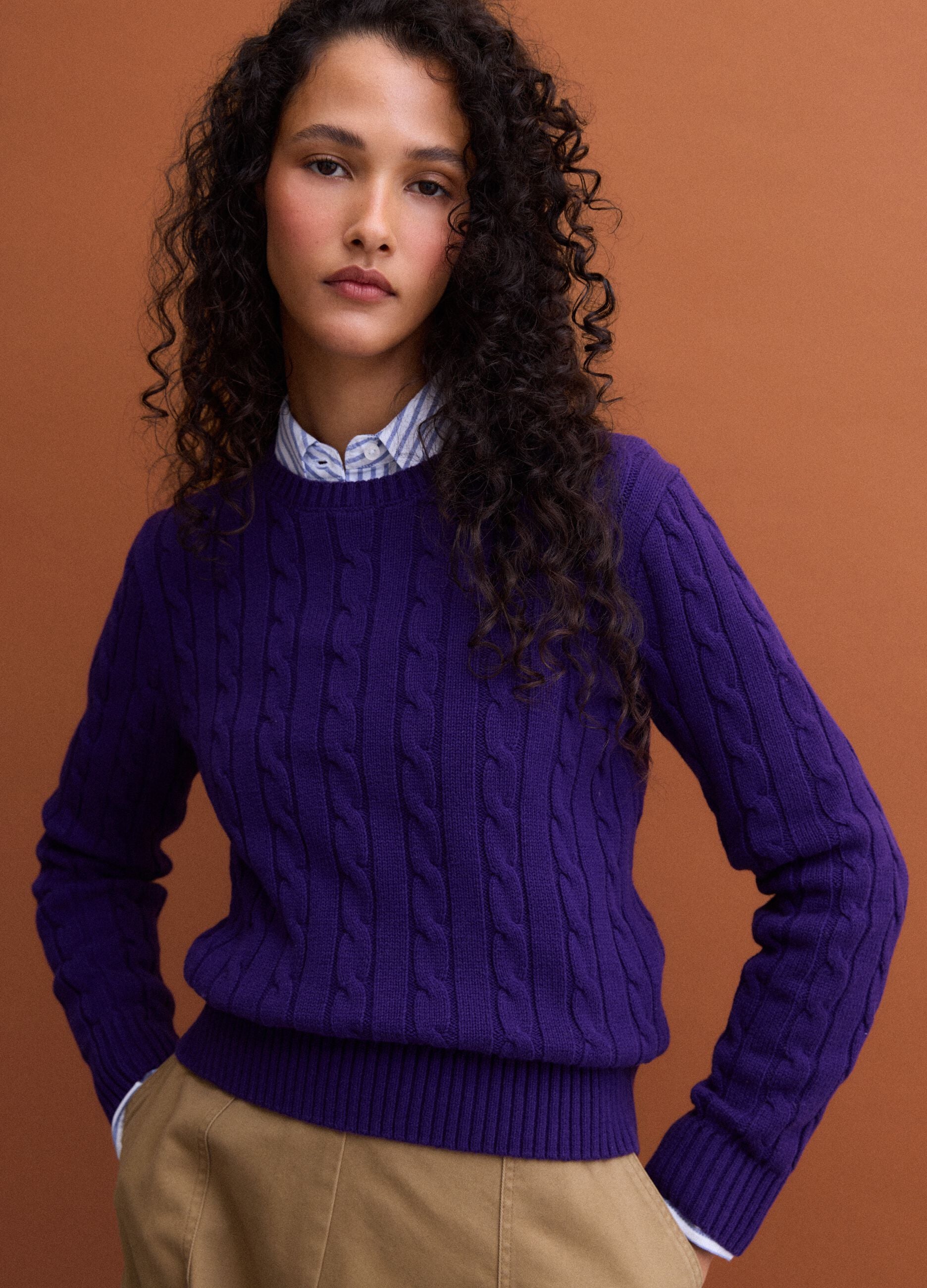 Purple pure cotton cable-knit crew-neck jumper