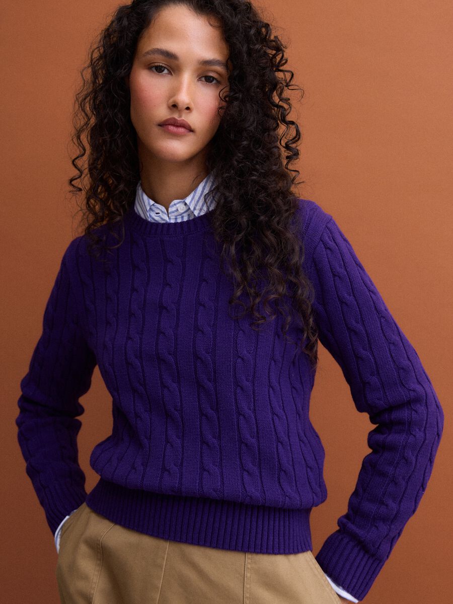Purple pure cotton cable-knit crew-neck jumper_0