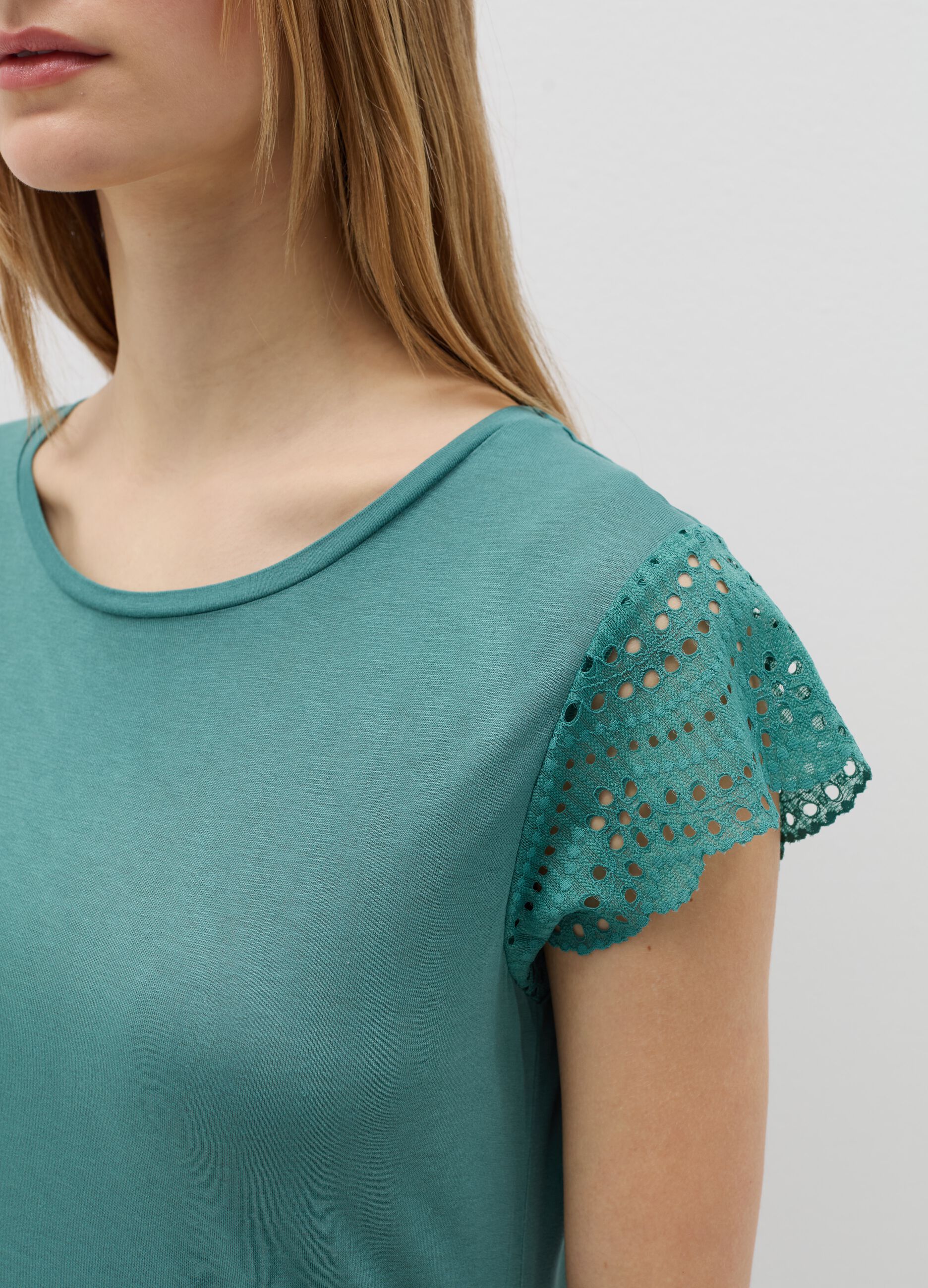 Pyjama top with broderie anglaise sleeves