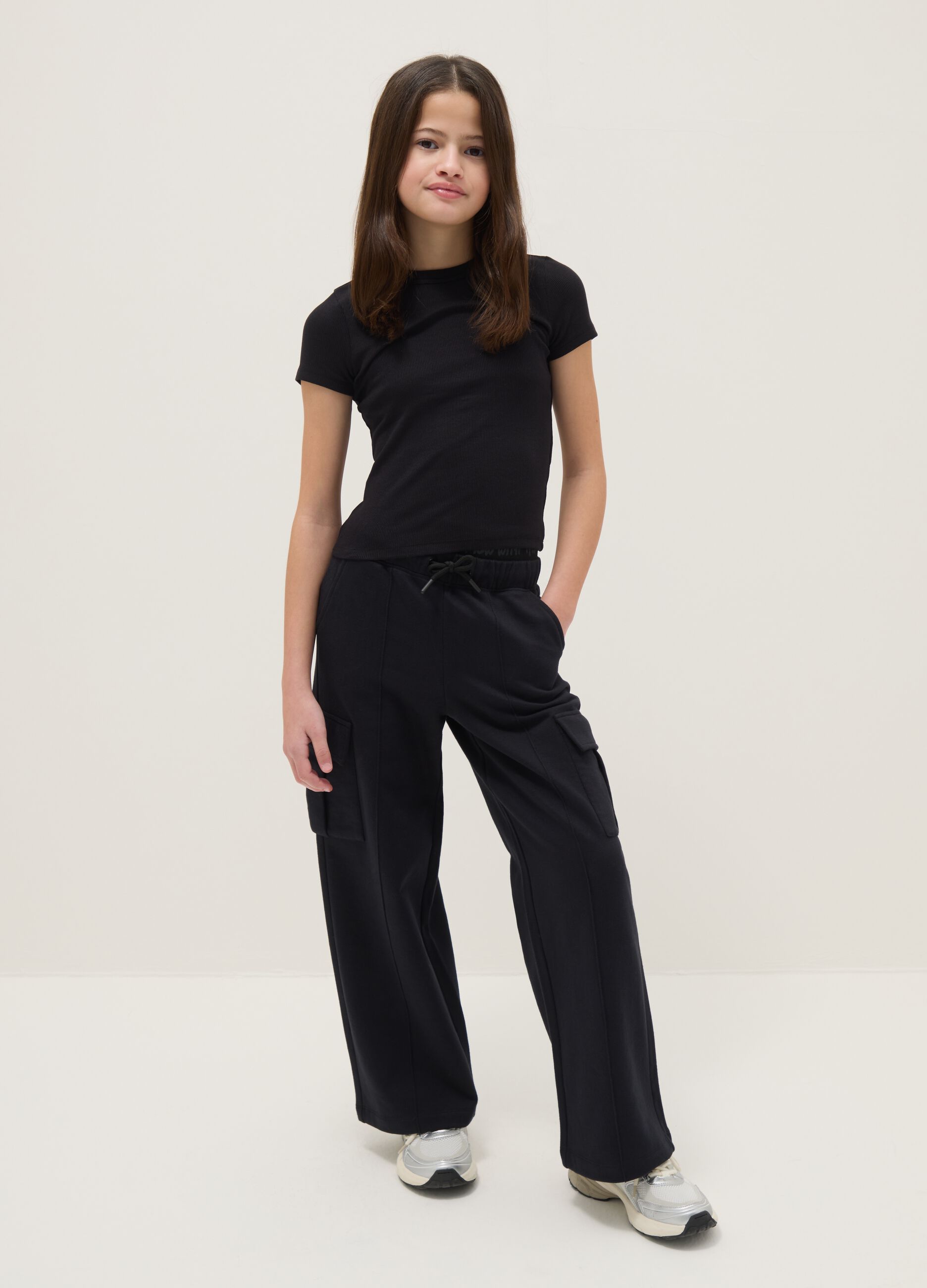 Pantaloni in puro cotone nero relaxed fit per ragazze