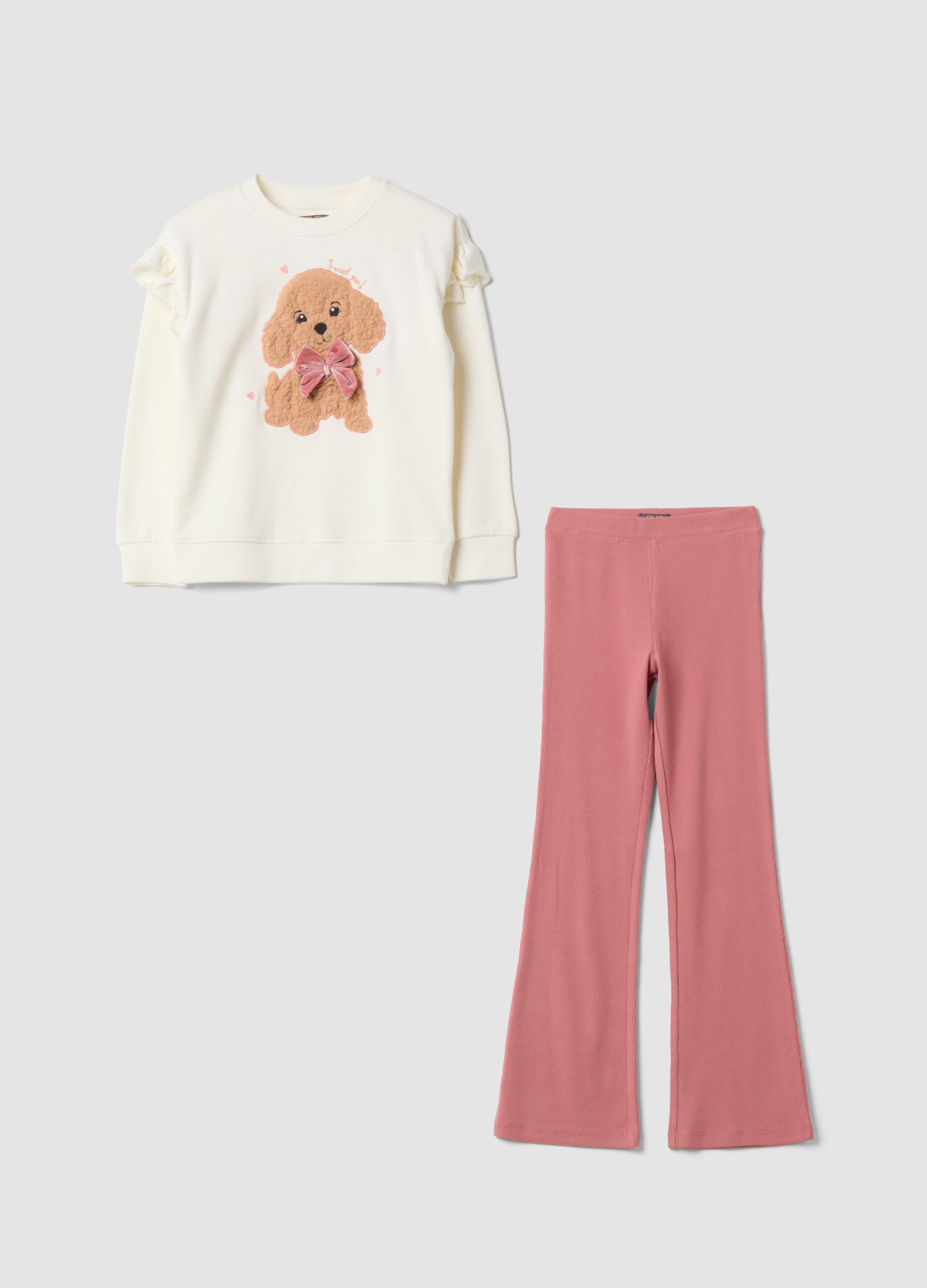 White pure cotton jogging set with puppy print
