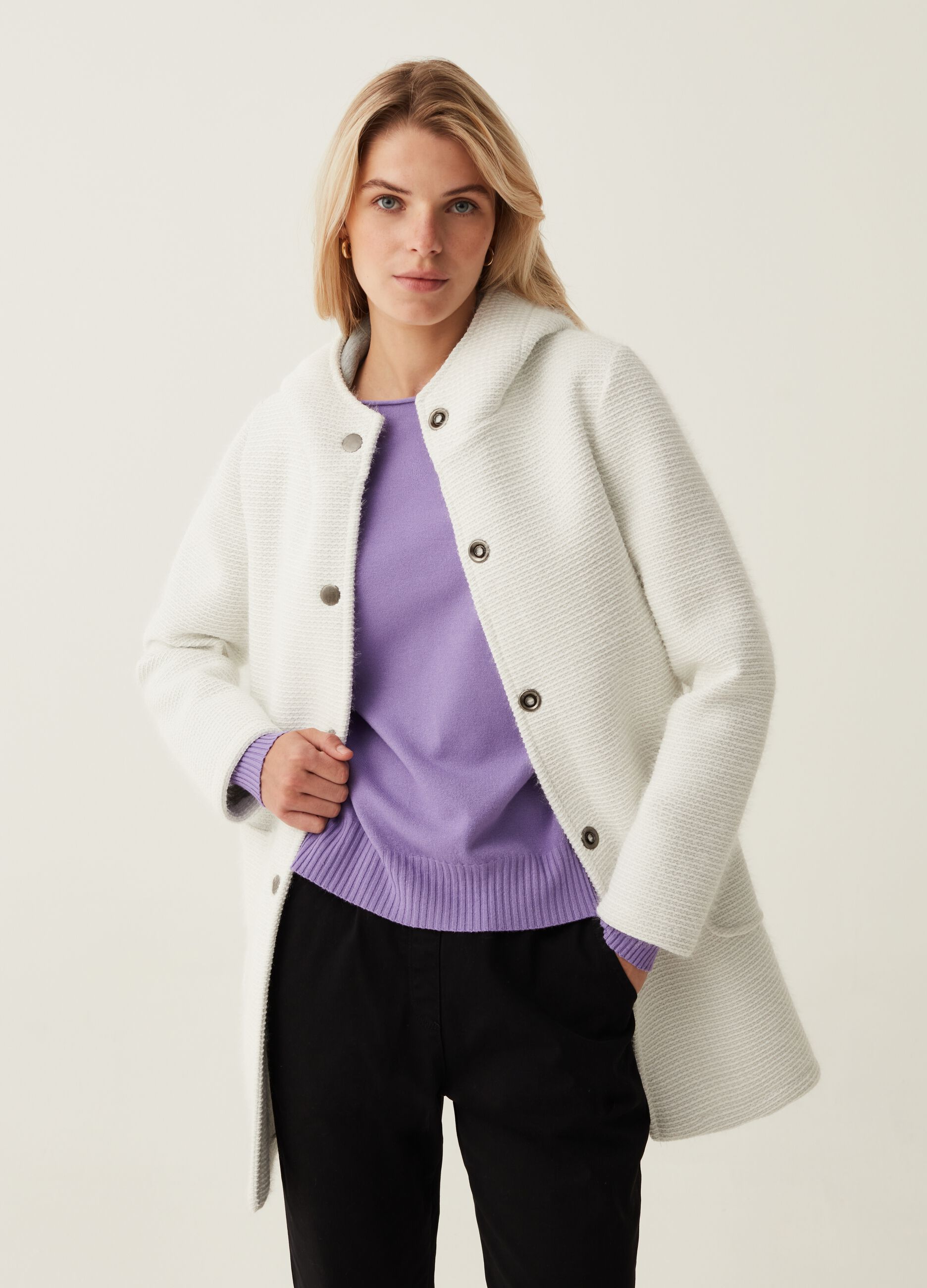 Giacca lunga effetto tweed con cappuccio_0