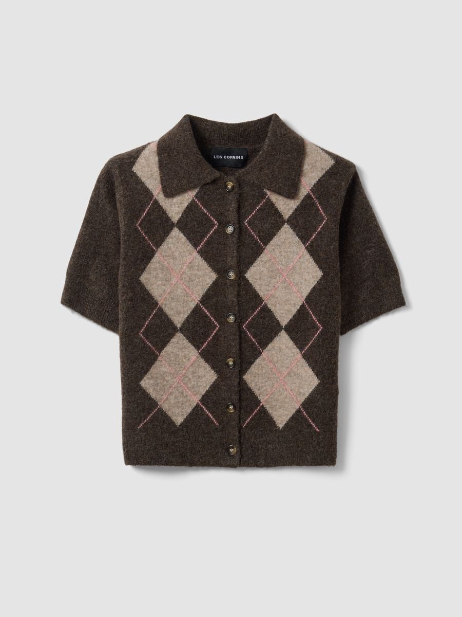 Cardigan marrone in lana elasticizzata con collo polo regular fit_0